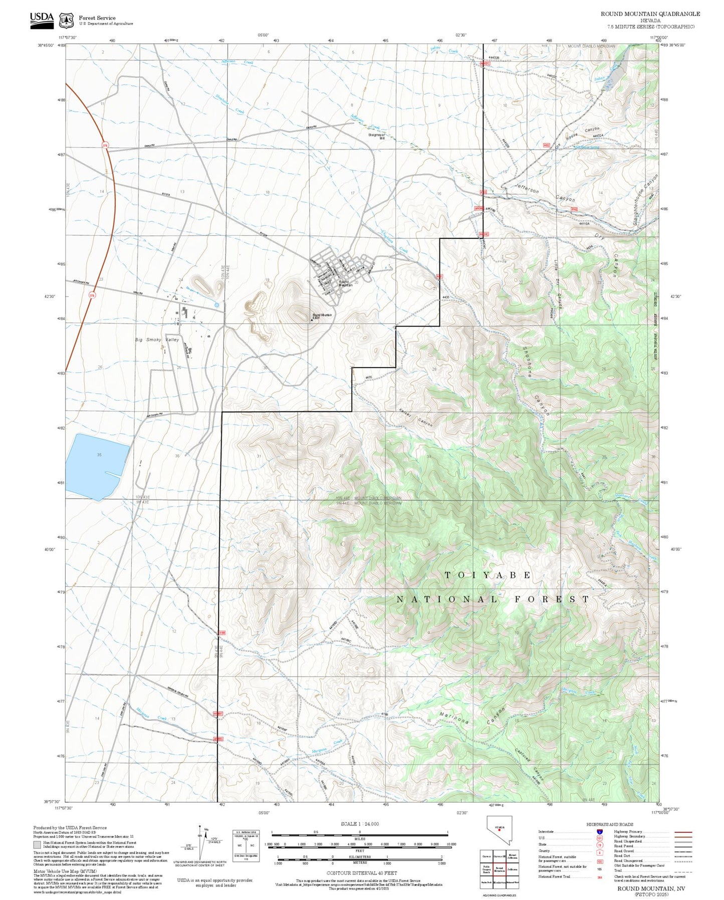 2025 Forest Service Topo Map of Round Mountain Nevada