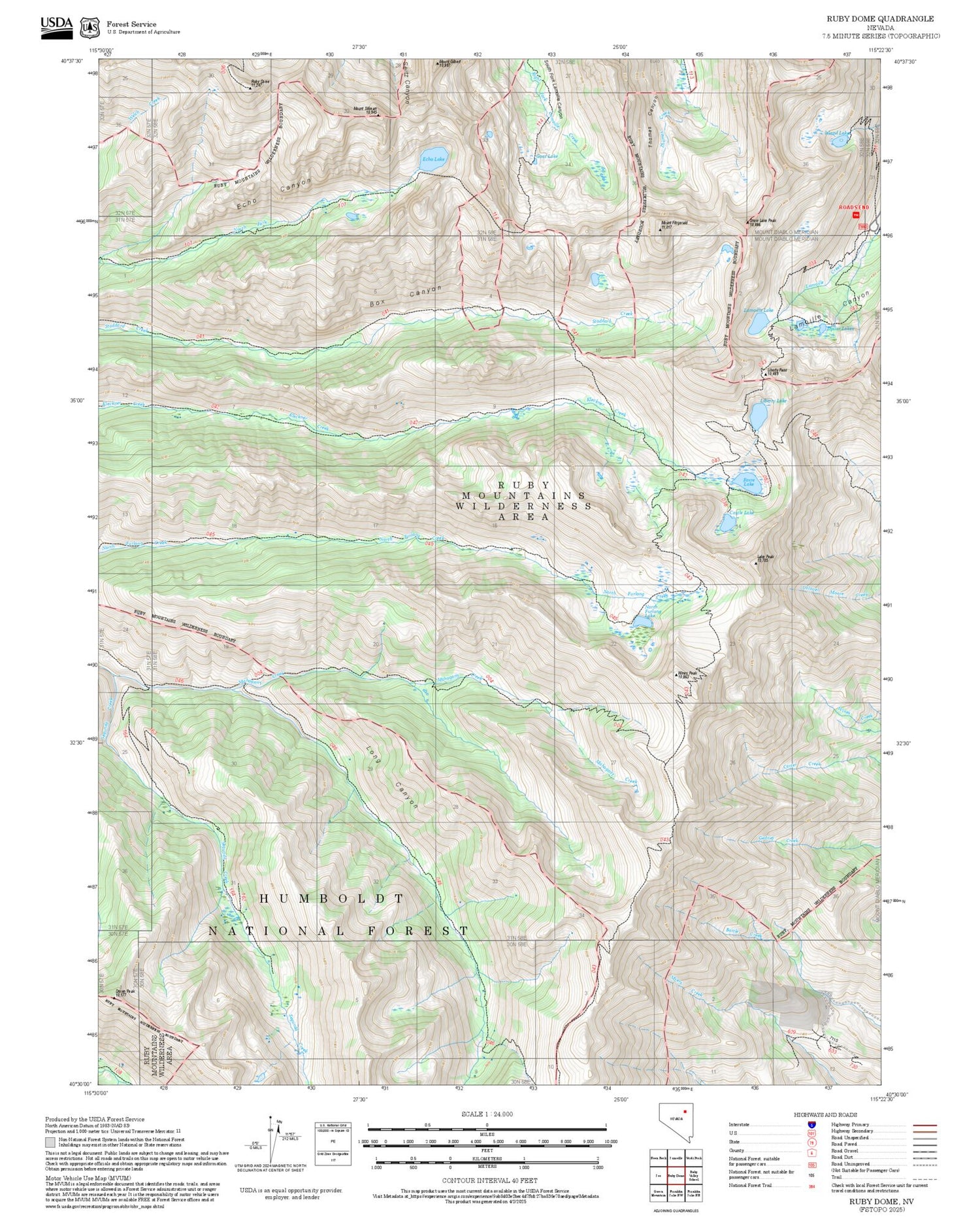 2025 Forest Service Topo Map of Ruby Dome Nevada