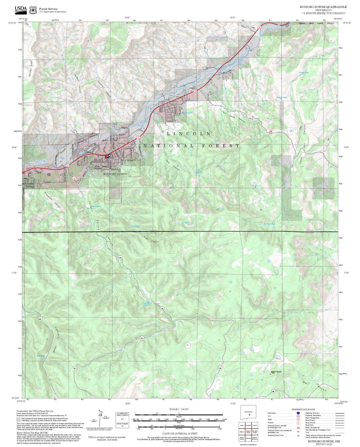 2025 Forest Service Topo Map of Ruidoso Downs New Mexico