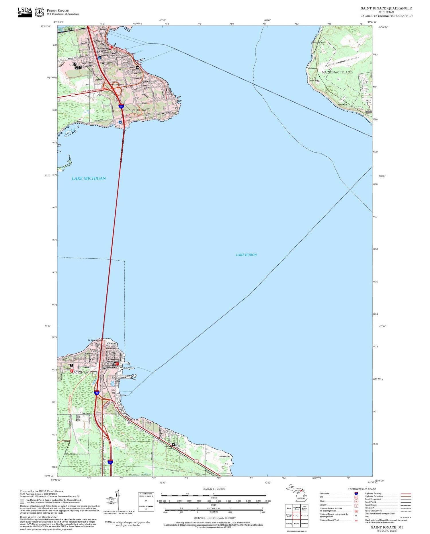 2025 Forest Service Topo Map of Saint Ignace Michigan