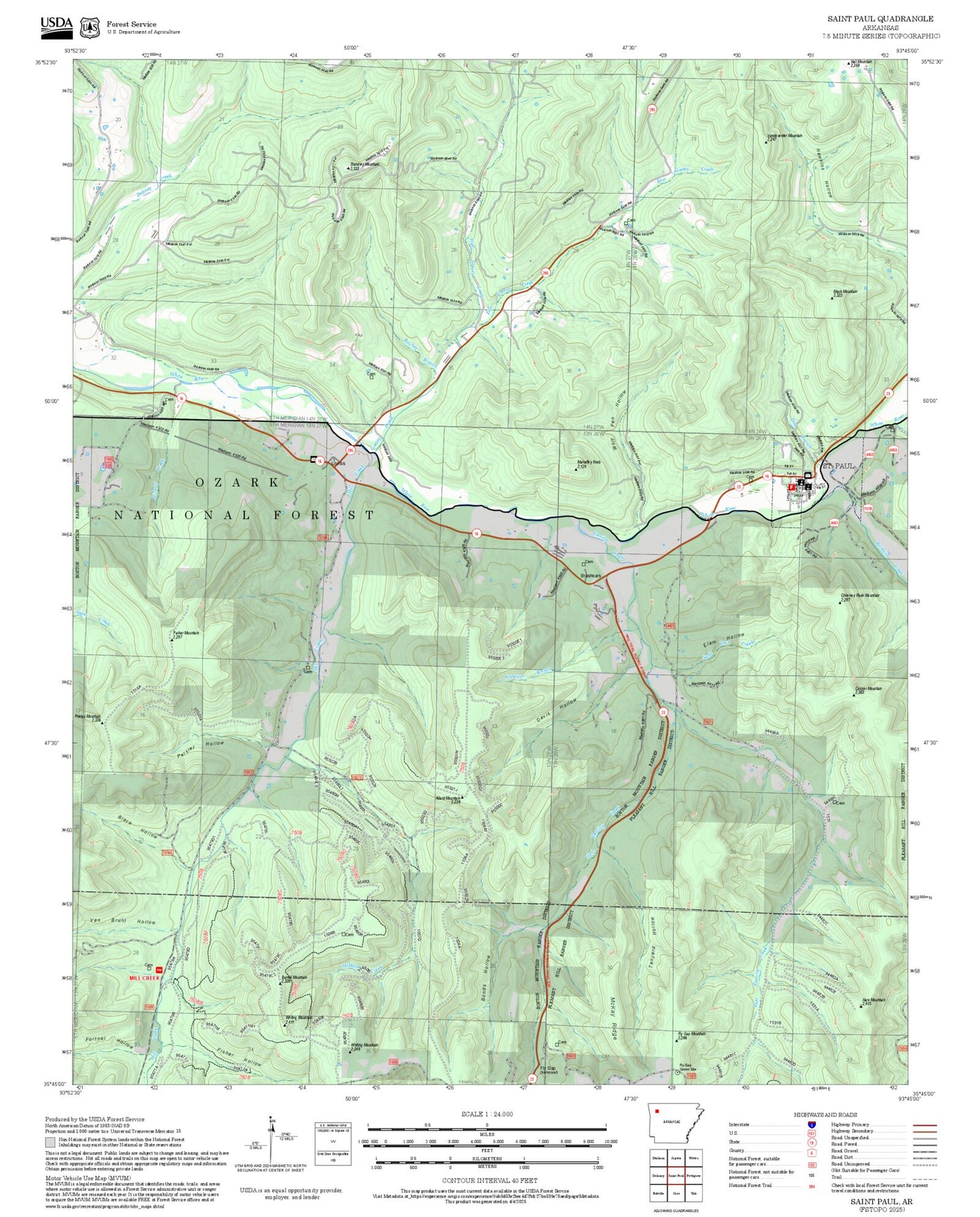 2025 Forest Service Topo Map of Saint Paul Arkansas