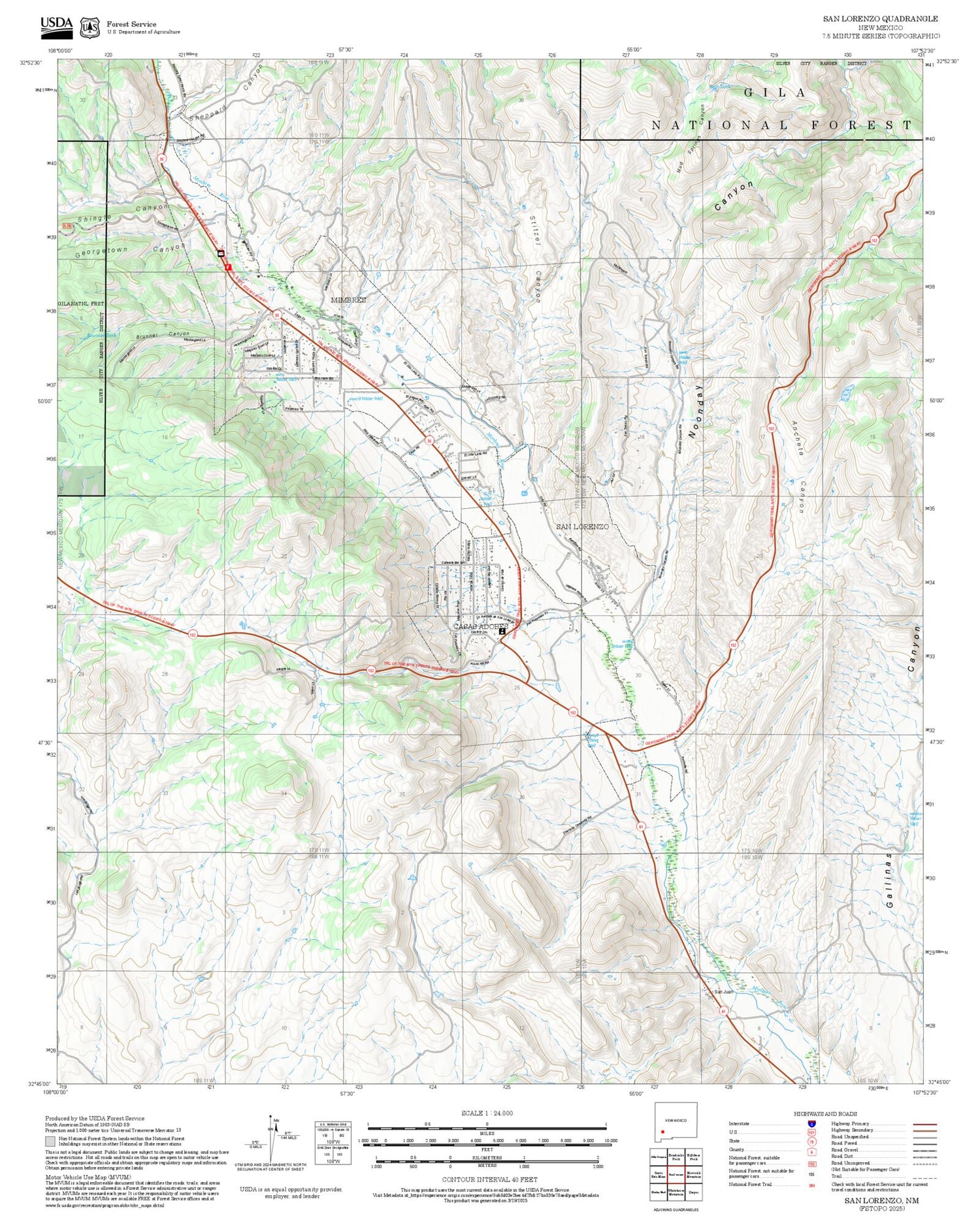 2025 Forest Service Topo Map of San Lorenzo New Mexico