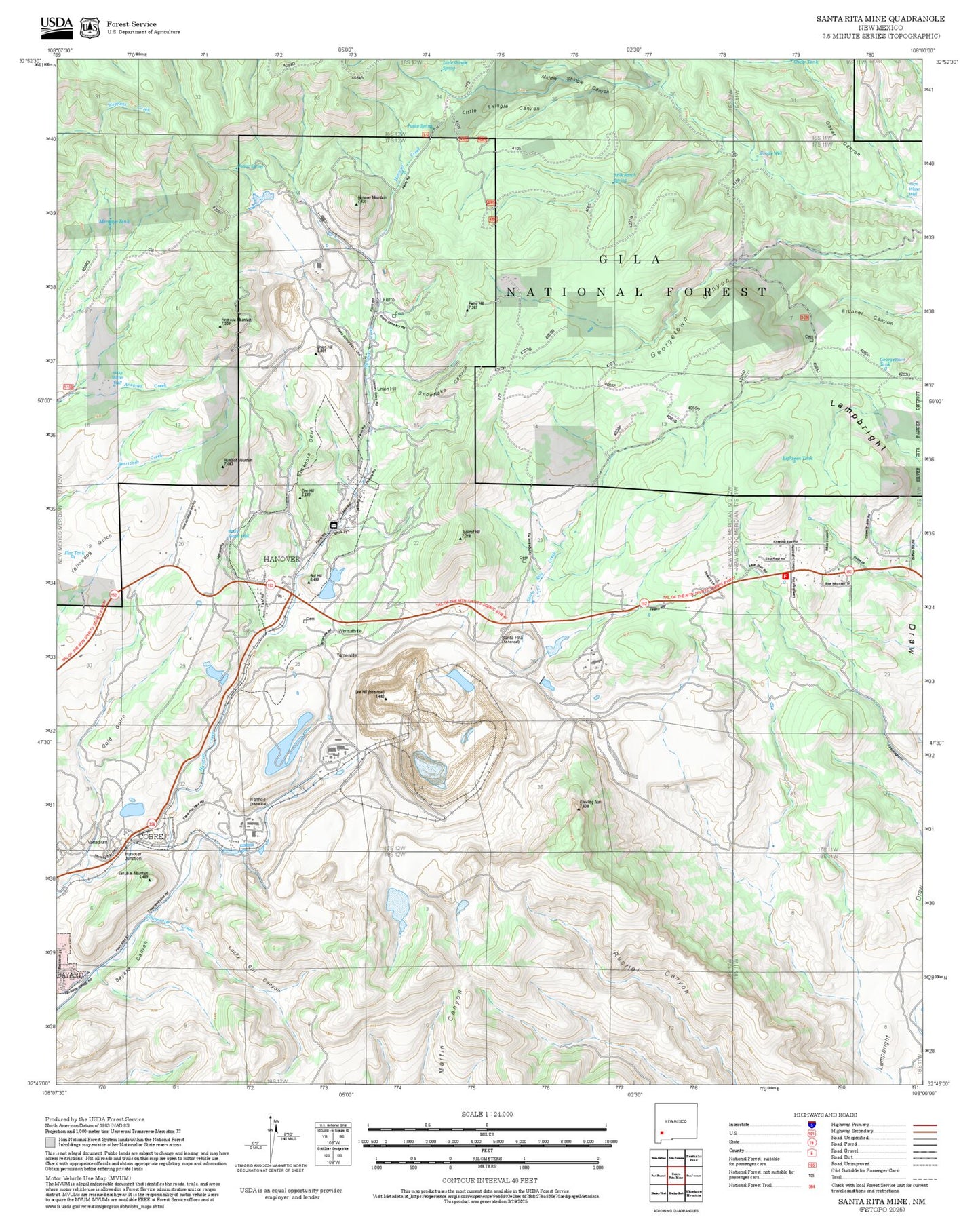 2025 Forest Service Topo Map of Santa Rita Mine New Mexico