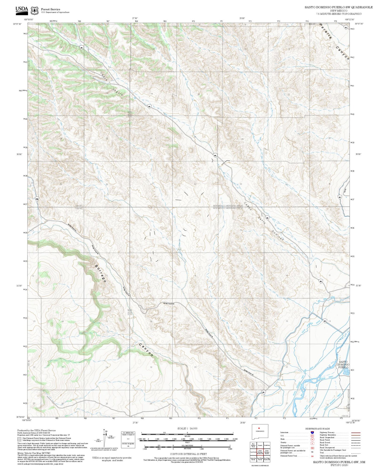 2025 Forest Service Topo Map of Santo Domingo Pueblo SW New Mexico
