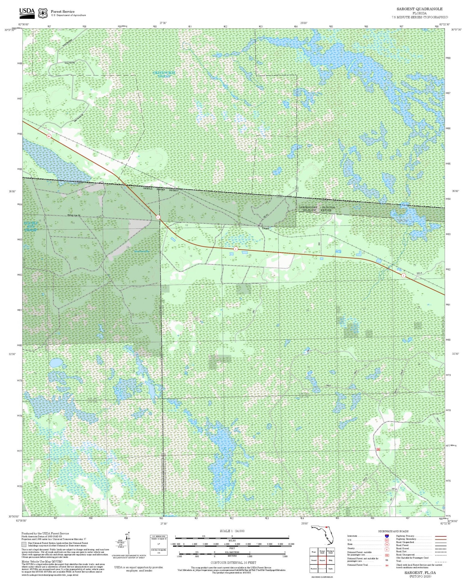 2025 Forest Service Topo Map of Sargent Florida
