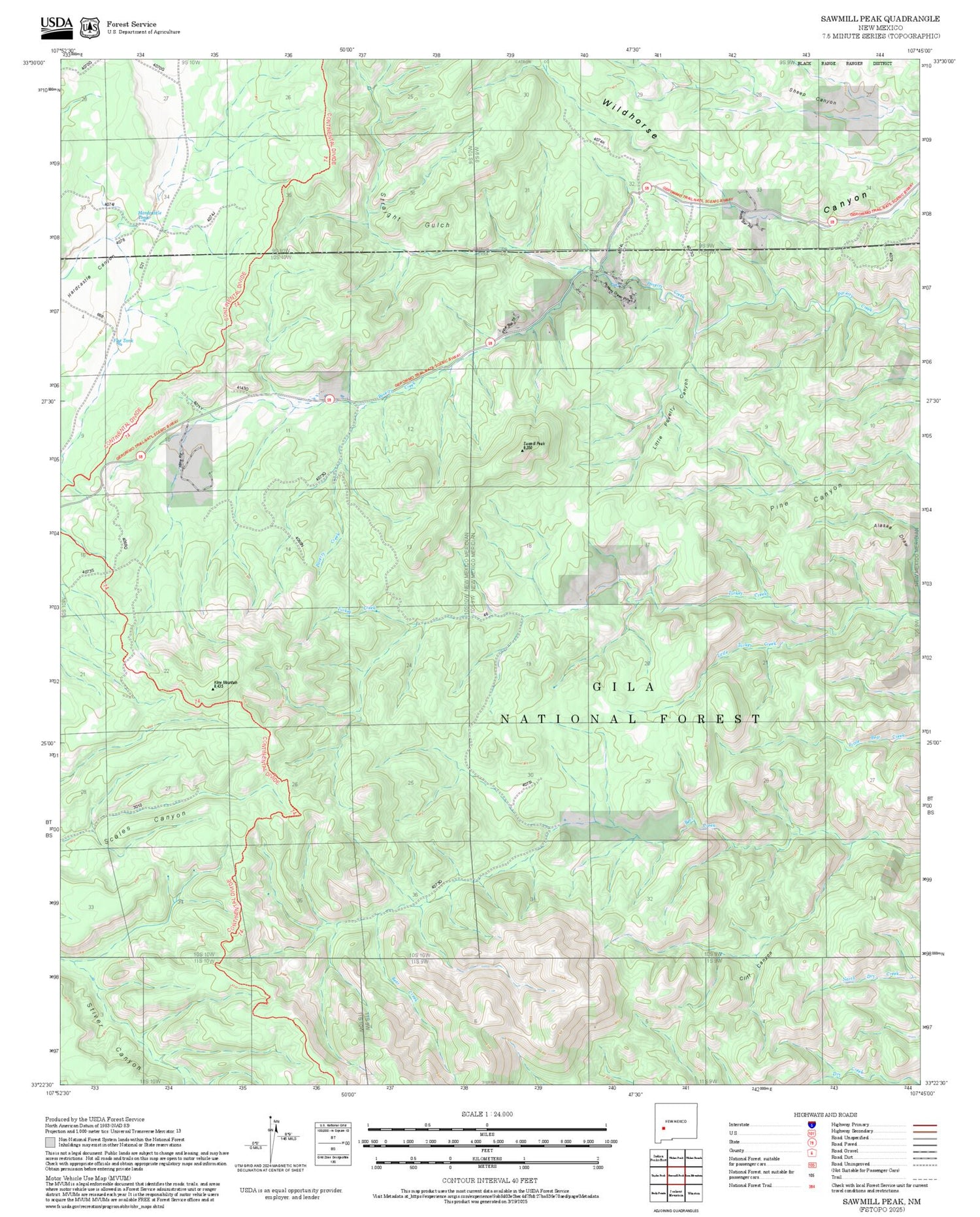 2025 Forest Service Topo Map of Sawmill Peak New Mexico