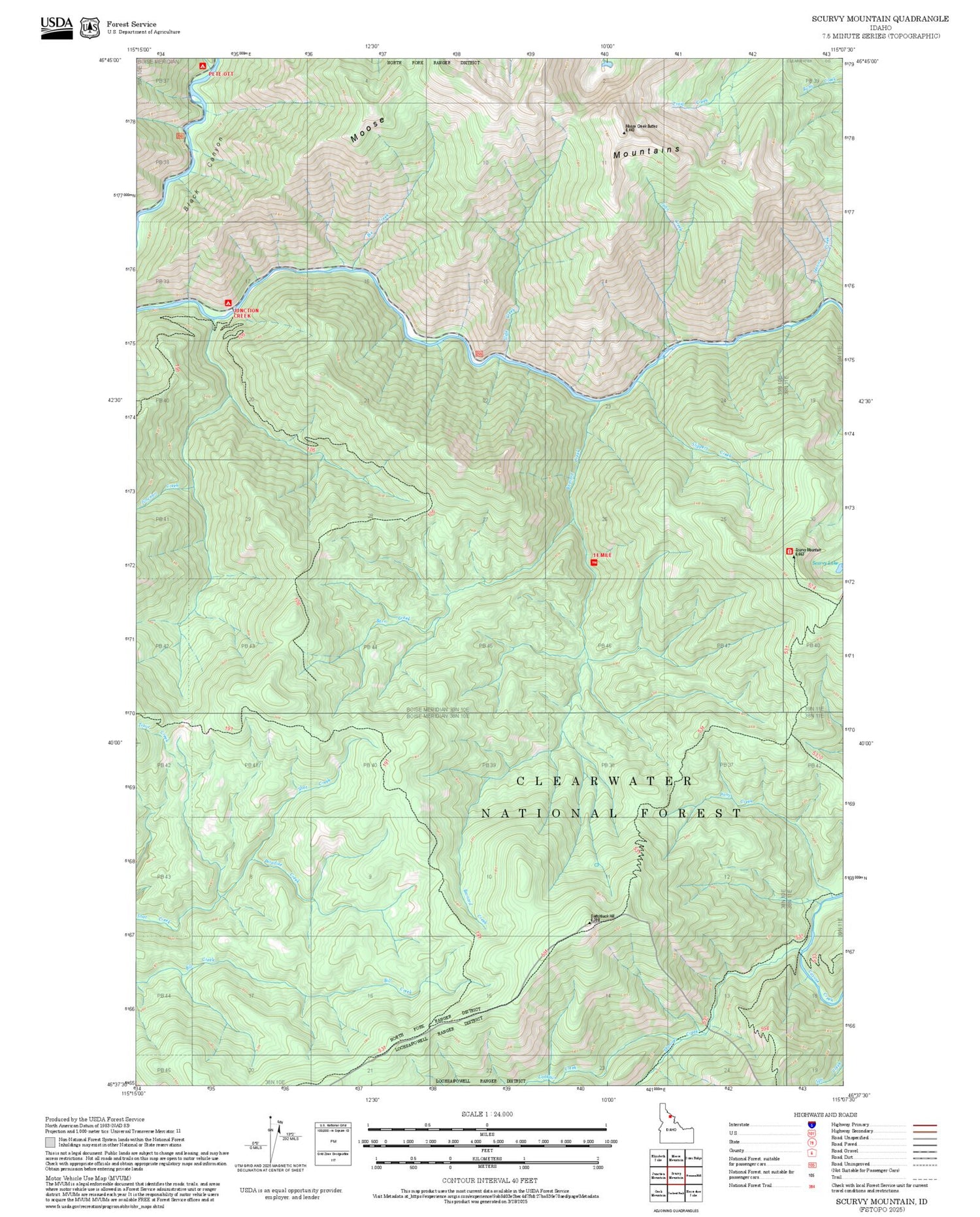 2025 Forest Service Topo Map of Scurvy Mountain Idaho