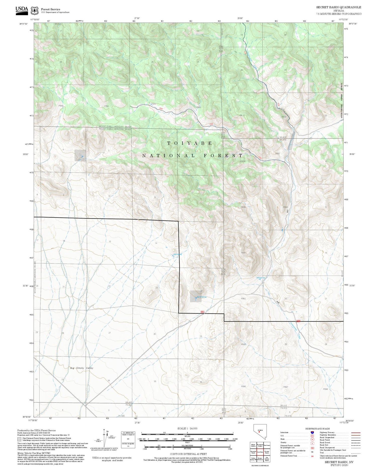2025 Forest Service Topo Map of Secret Basin Nevada