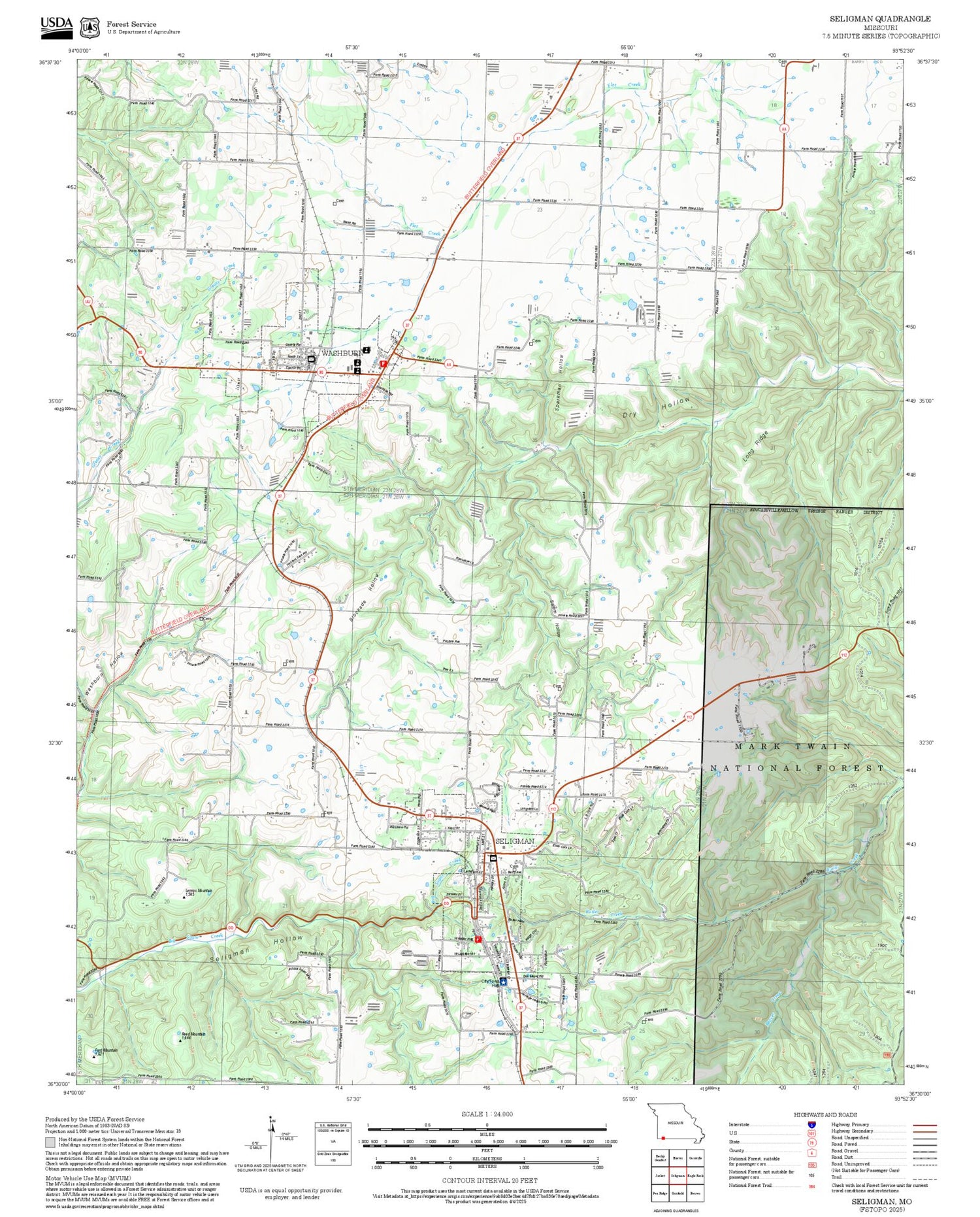 2025 Forest Service Topo Map of Seligman Missouri