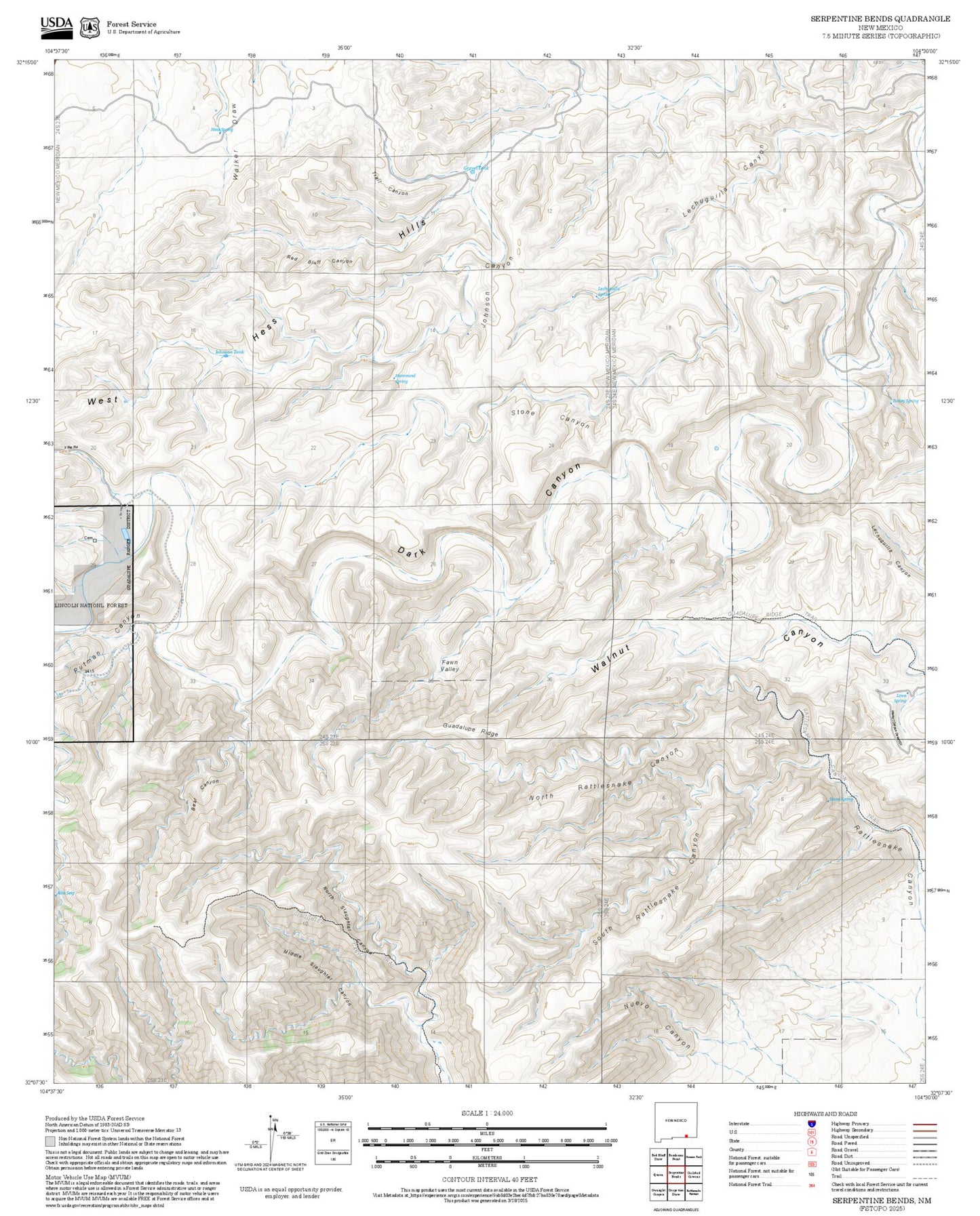 2025 Forest Service Topo Map of Serpentine Bends New Mexico