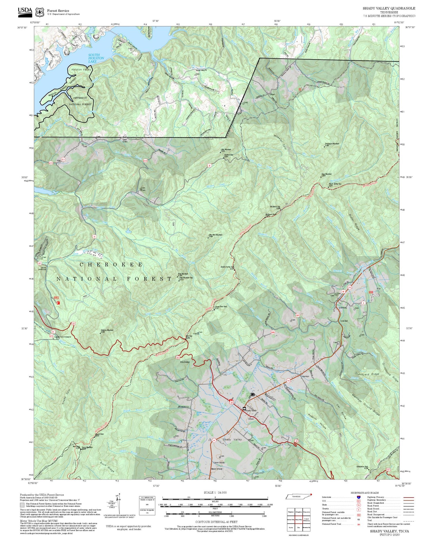 2025 Forest Service Topo Map of Shady Valley Tennessee