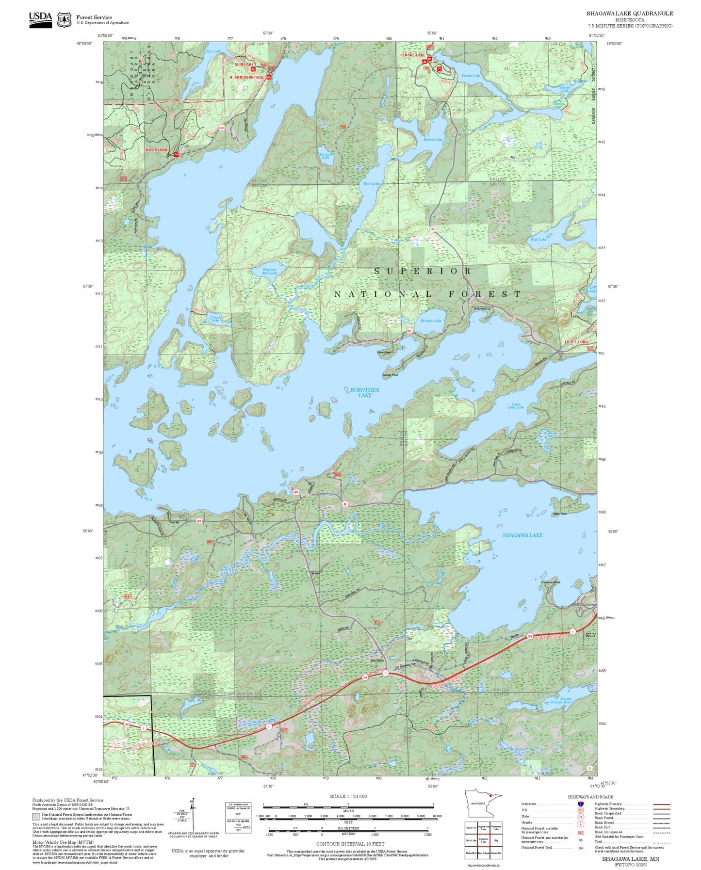 2025 Forest Service Topo Map of Shagawa Lake Minnesota