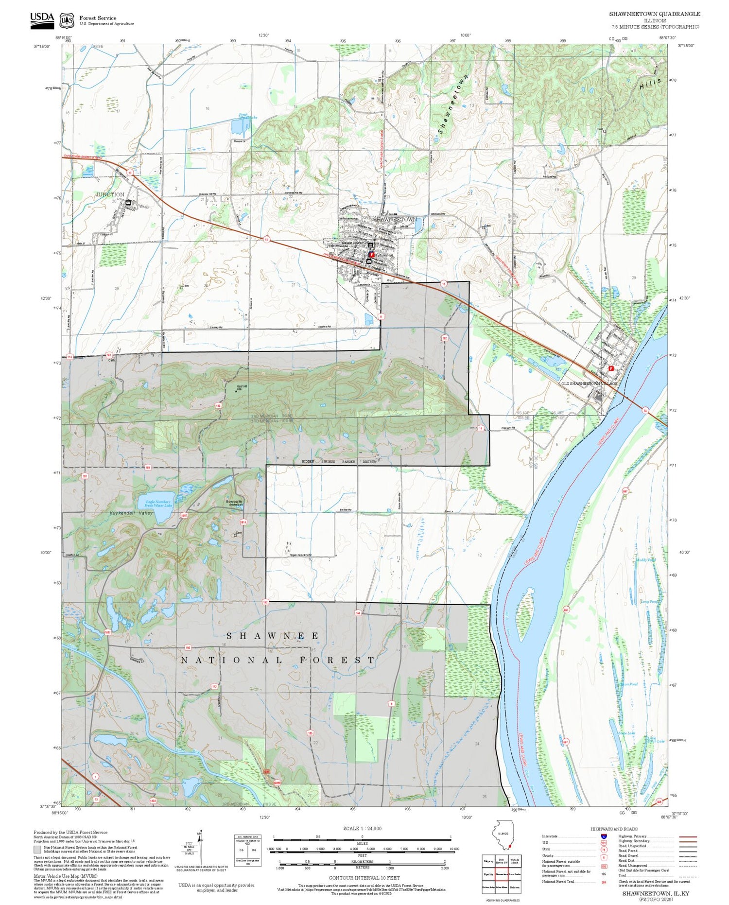 2025 Forest Service Topo Map of Shawneetown Illinois