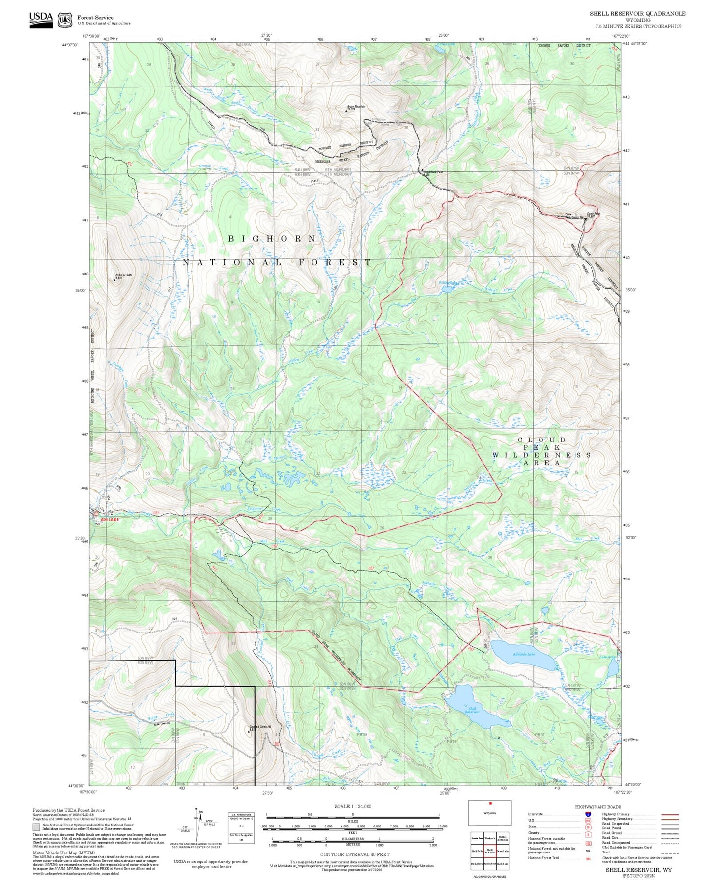 2025 Forest Service Topo Map of Shell Reservoir Wyoming