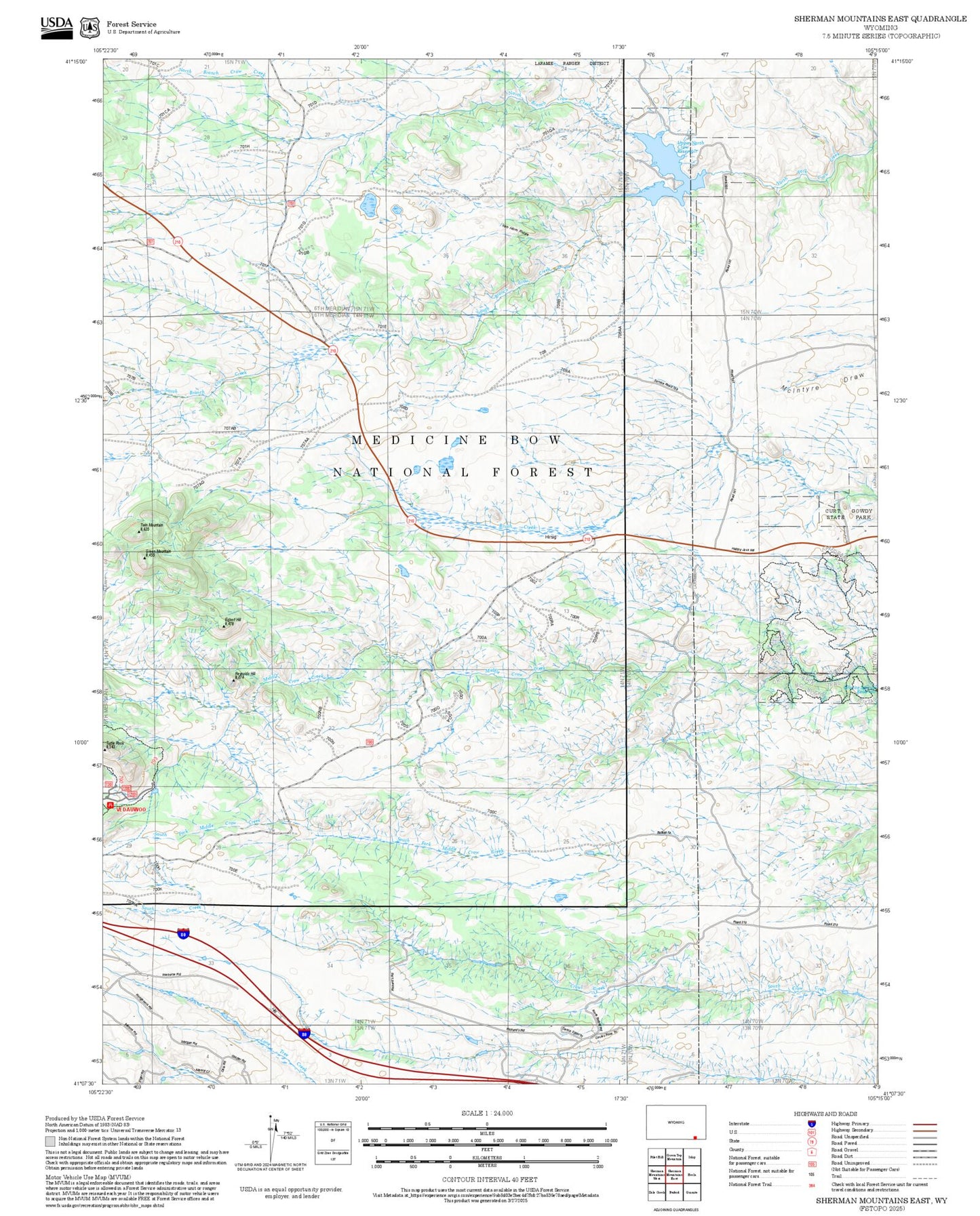2025 Forest Service Topo Map of Sherman Mountains East Wyoming