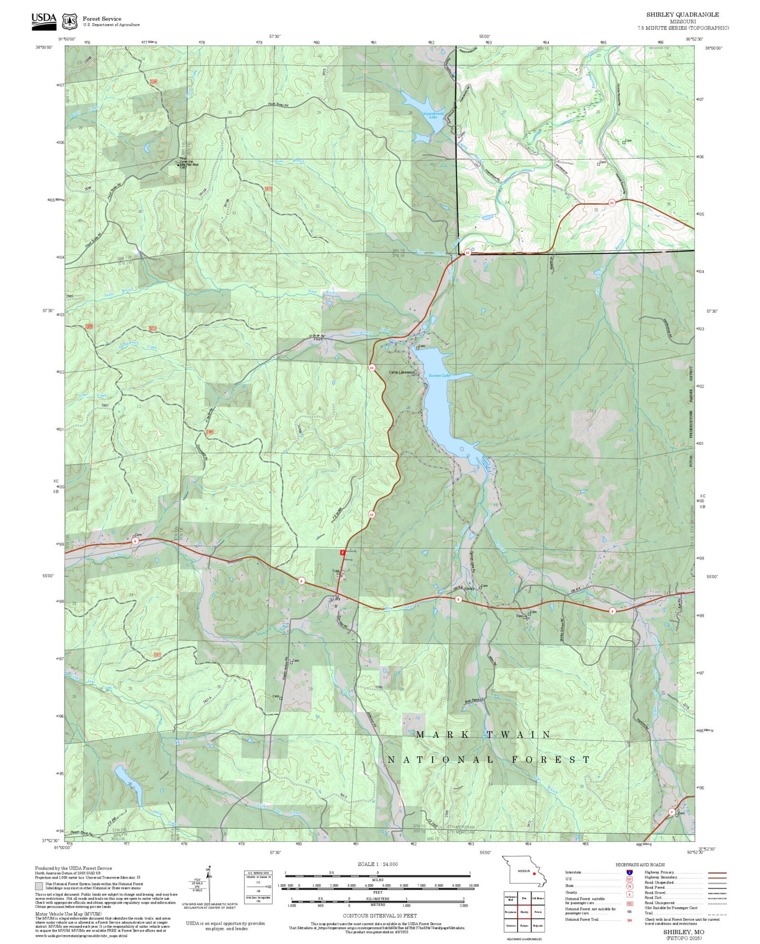2025 Forest Service Topo Map of Shirley Missouri