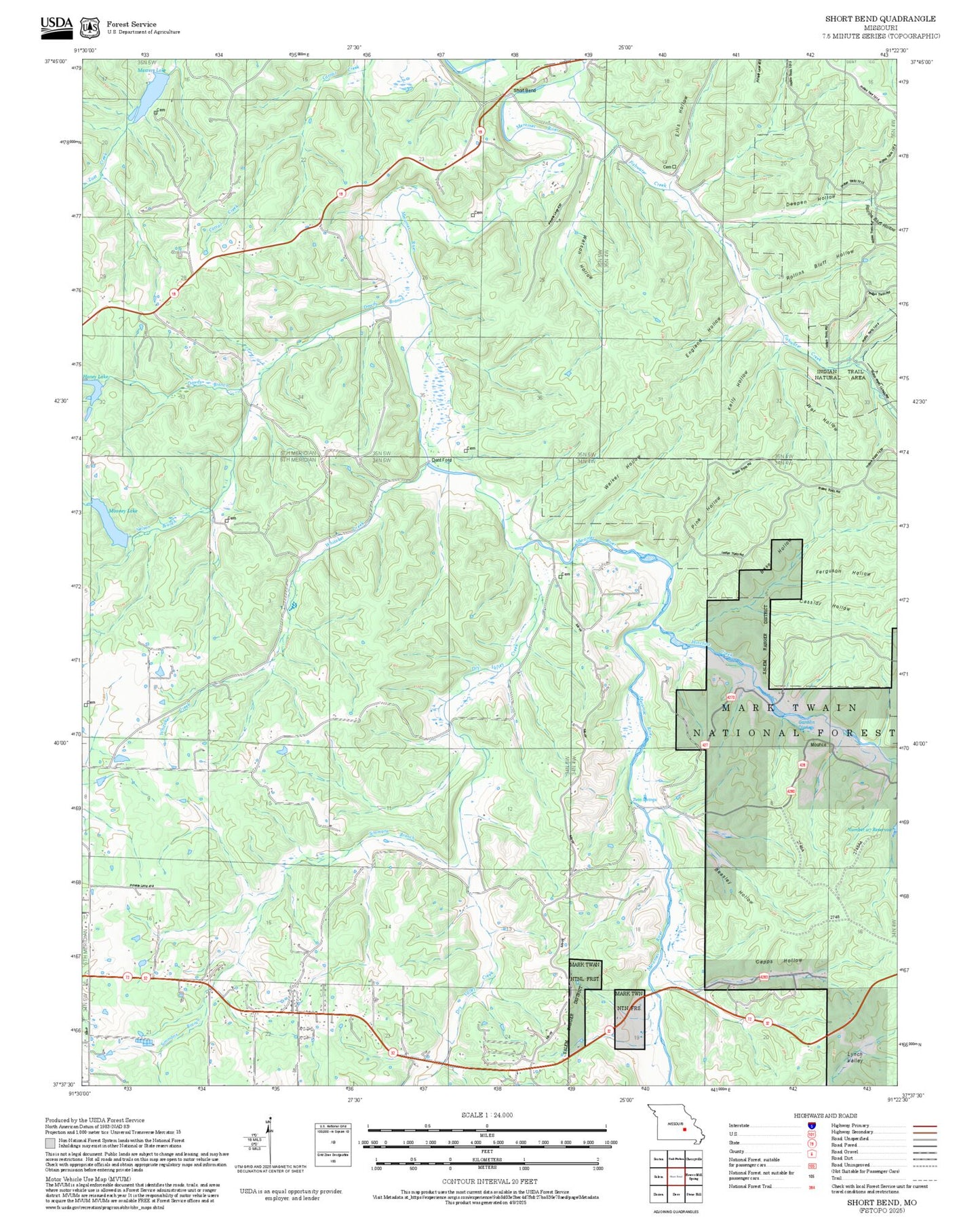 2025 Forest Service Topo Map of Short Bend Missouri