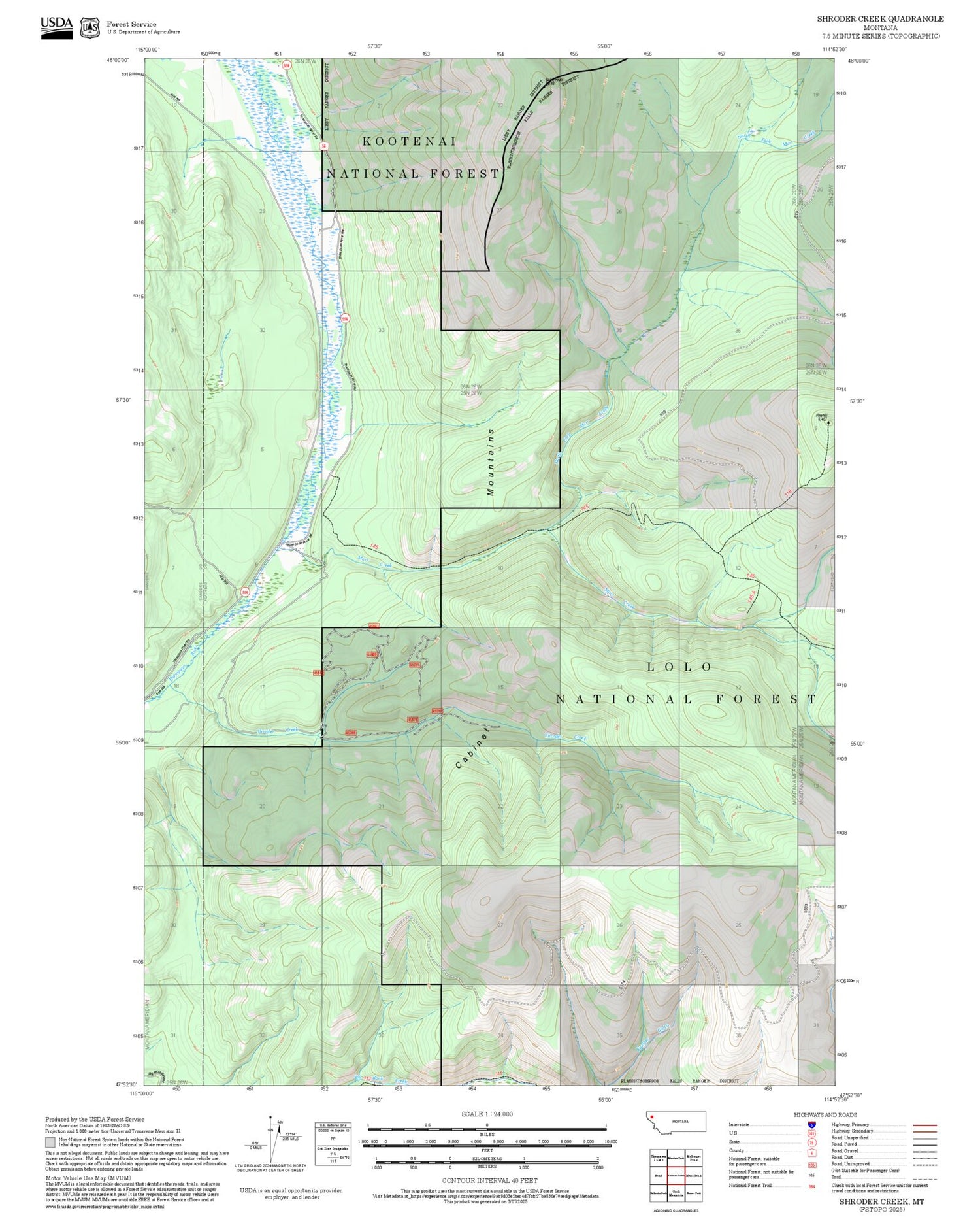 2025 Forest Service Topo Map of Shroder Creek Montana