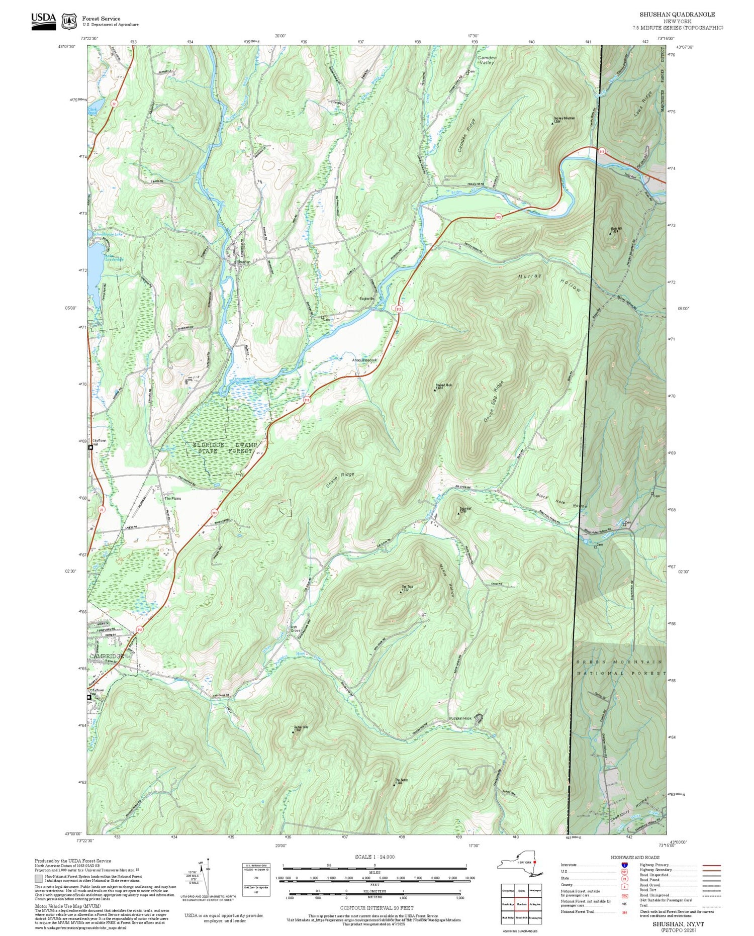 2025 Forest Service Topo Map of Shushan New York