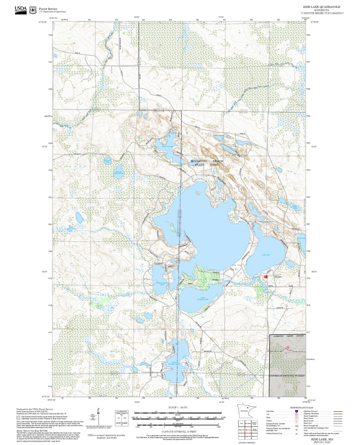 2025 Forest Service Topo Map of Side Lake Minnesota