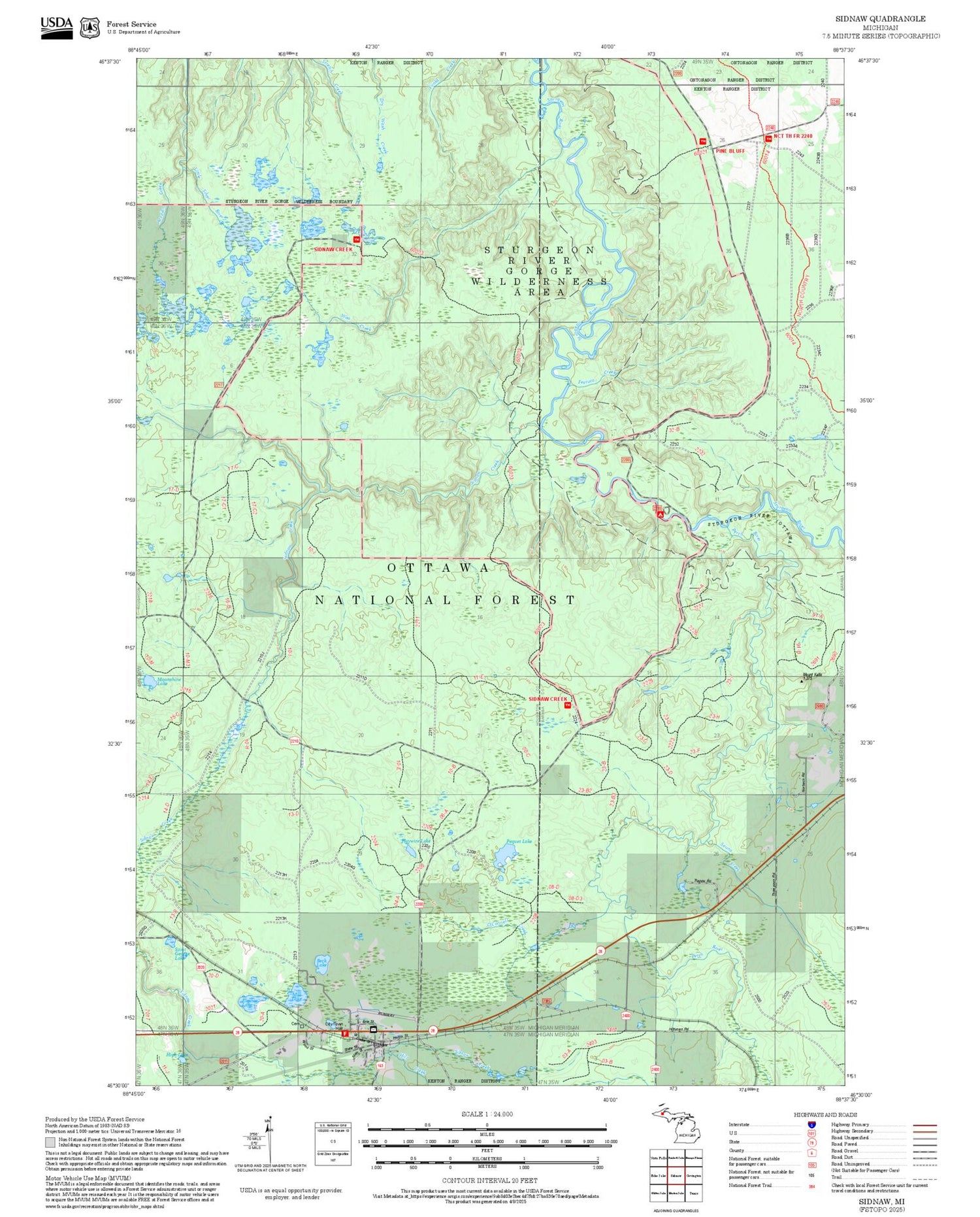 2025 Forest Service Topo Map of Sidnaw Michigan