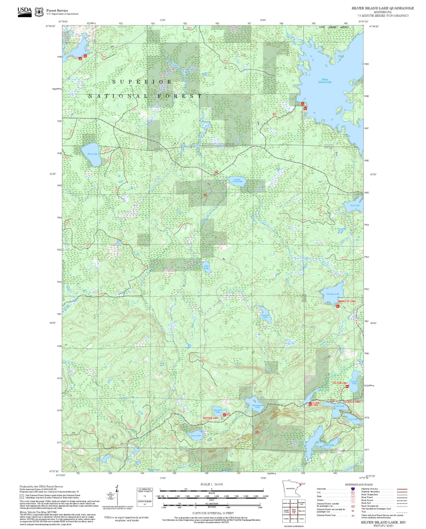 2025 Forest Service Topo Map of Silver Island Lake Minnesota
