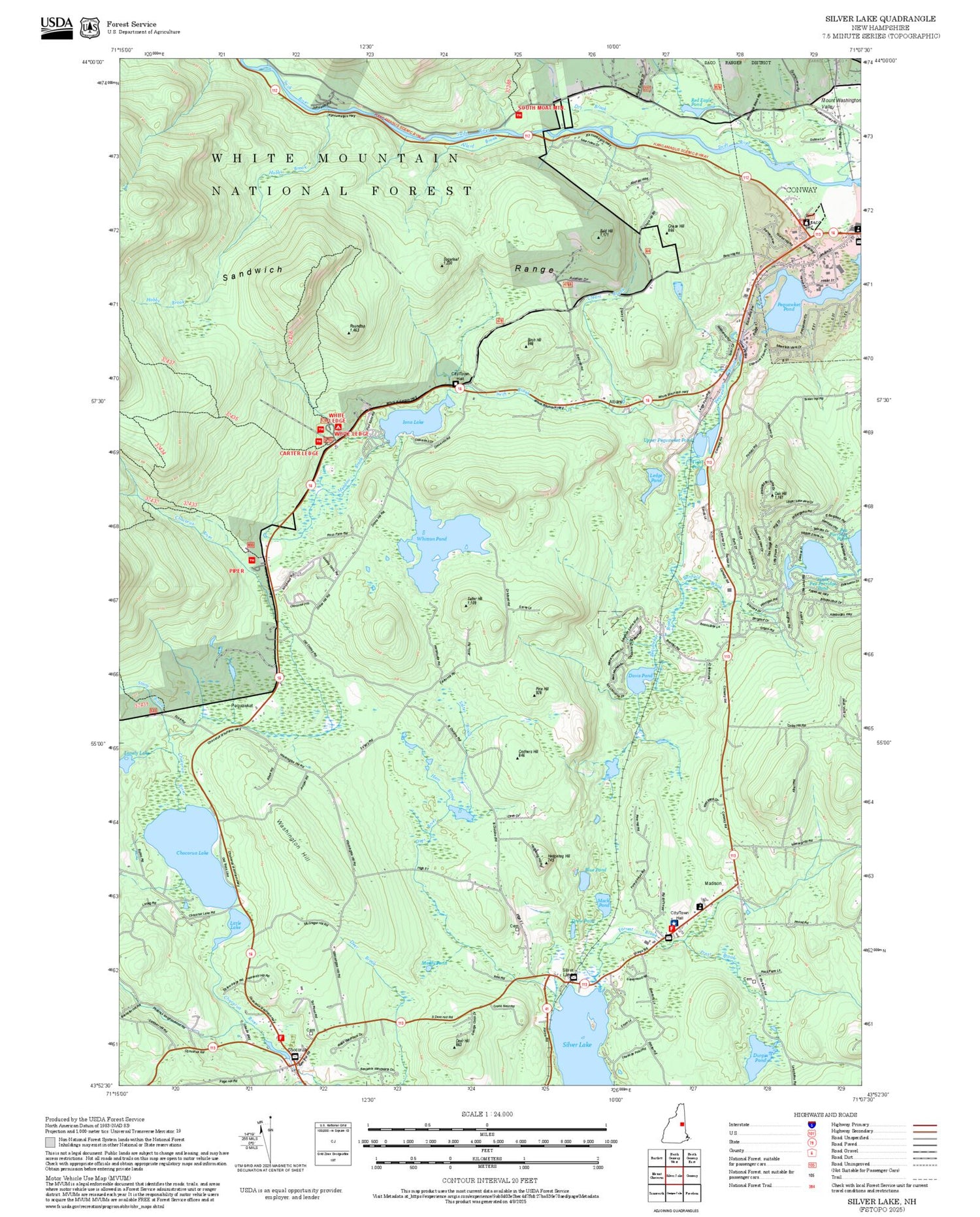 2025 Forest Service Topo Map of Silver Lake New Hampshire