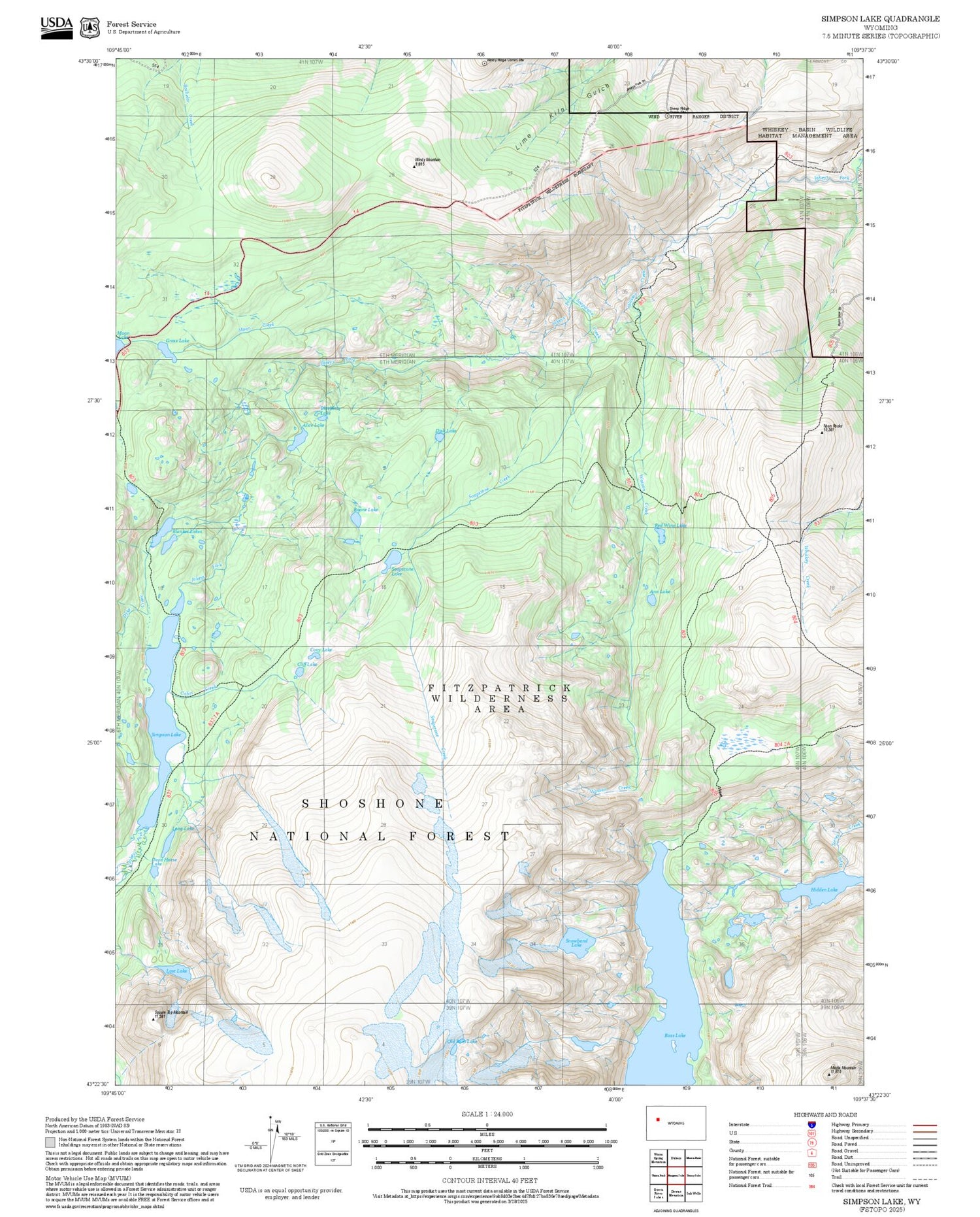 2025 Forest Service Topo Map of Simpson Lake Wyoming