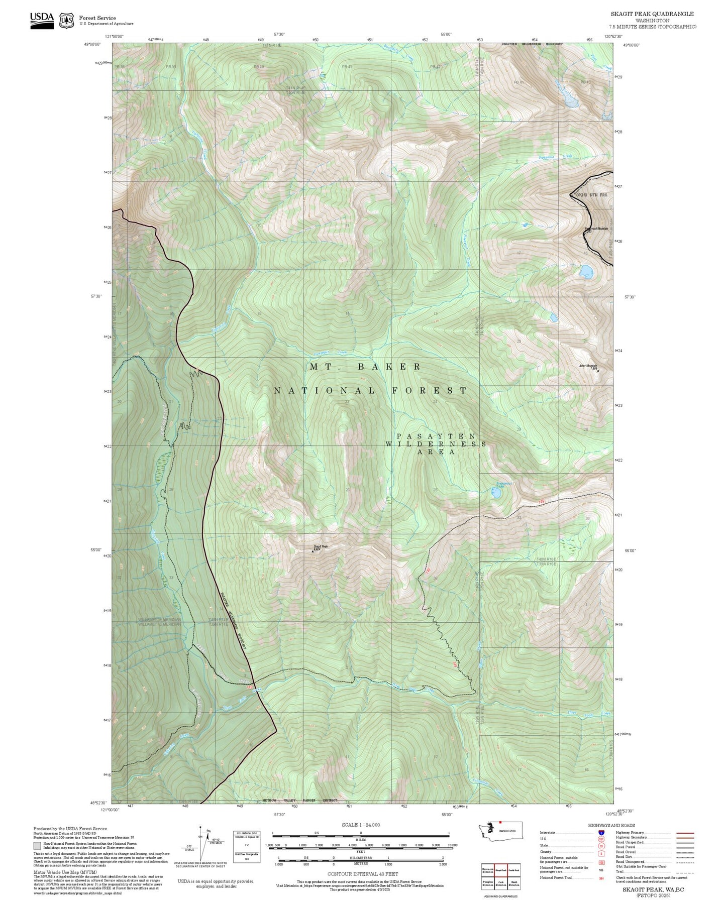 2025 Forest Service Topo Map of Skagit Peak Washington