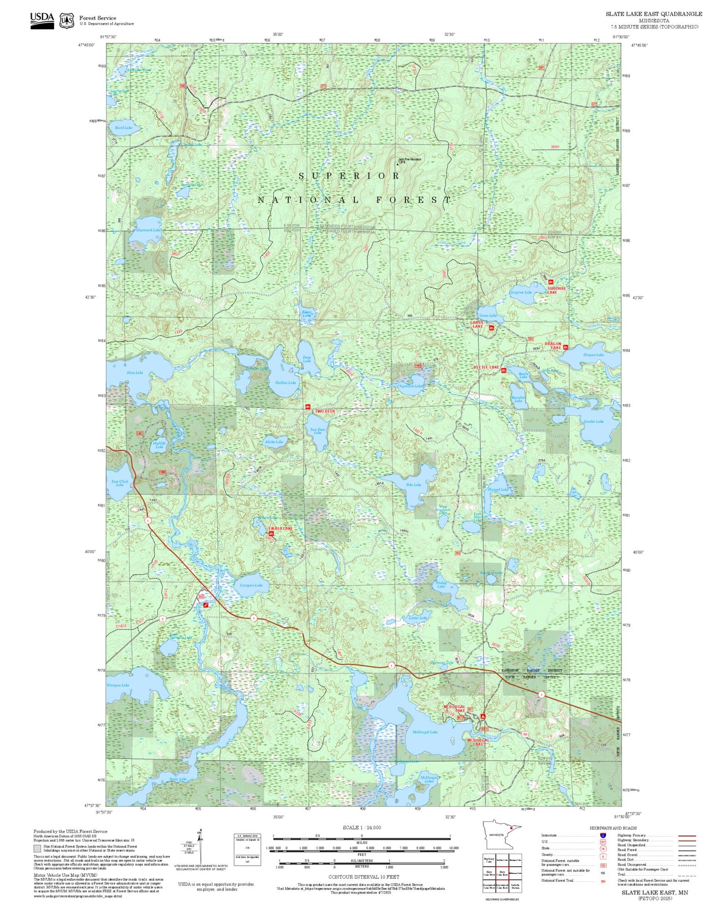 2025 Forest Service Topo Map of Slate Lake East Minnesota