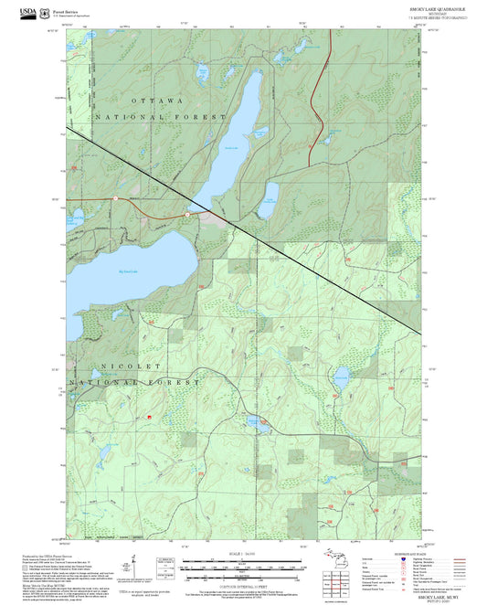 2025 Forest Service Topo Map of Smoky Lake Michigan