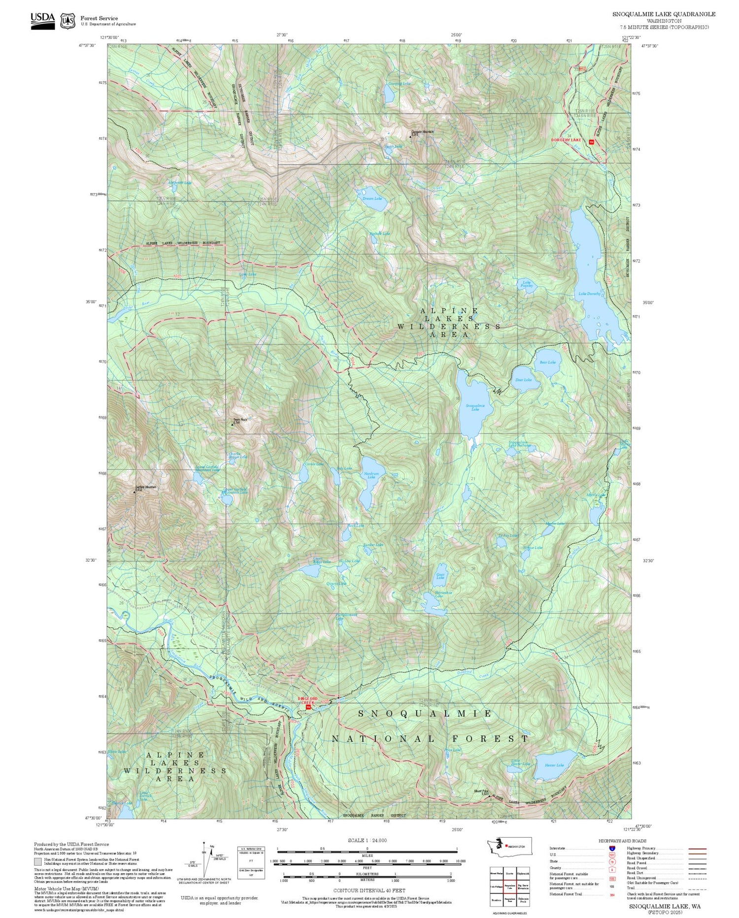 2025 Forest Service Topo Map of Snoqualmie Lake Washington