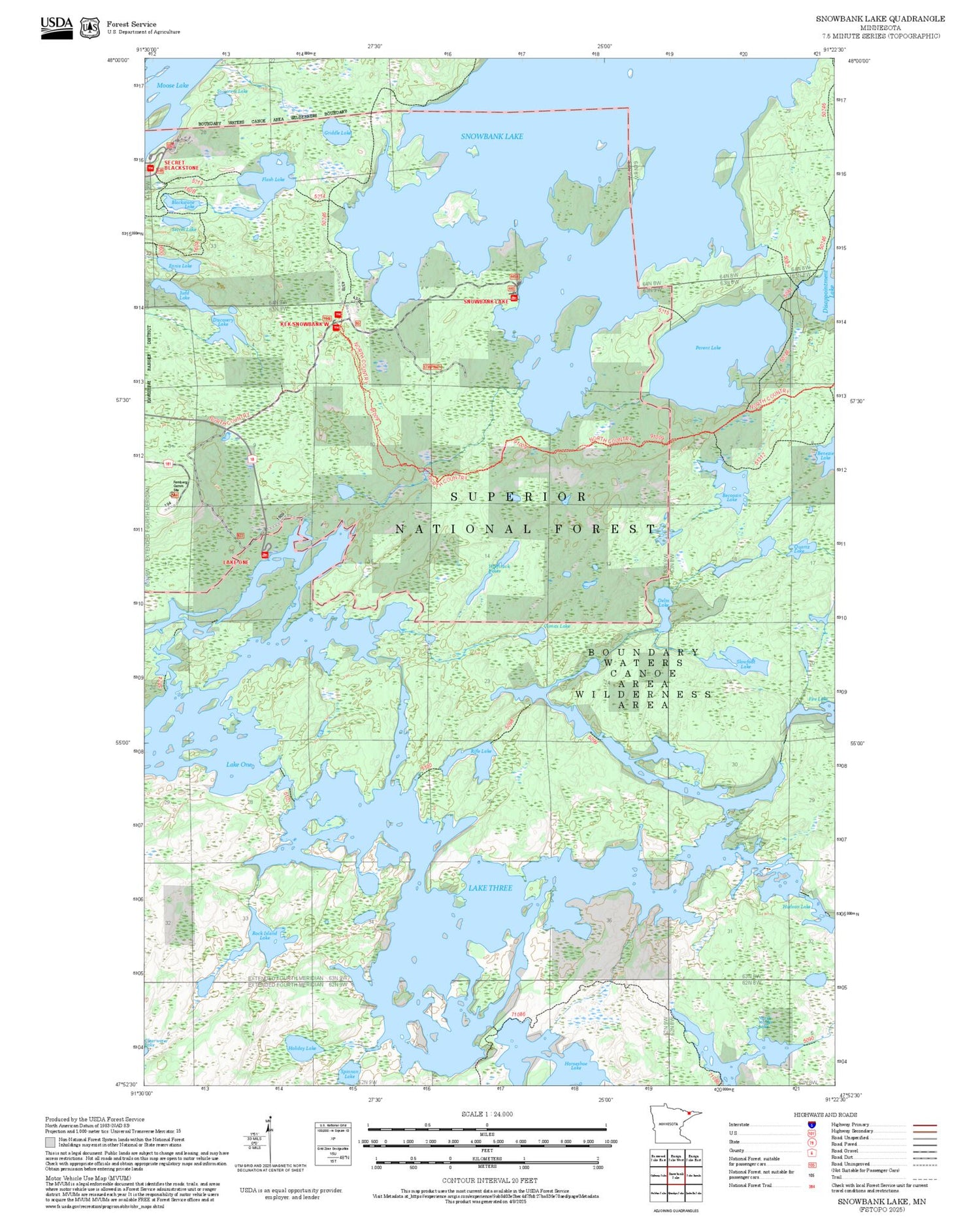 2025 Forest Service Topo Map of Snowbank Lake Minnesota