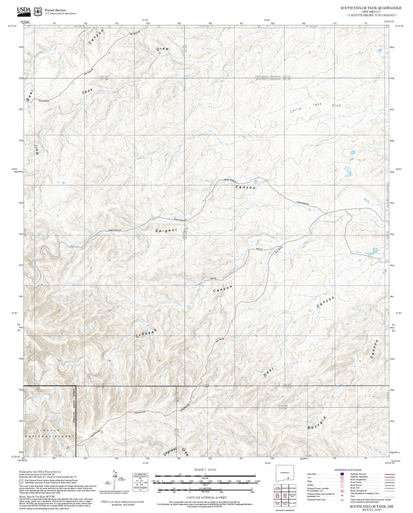 2025 Forest Service Topo Map of South Taylor Tank New Mexico