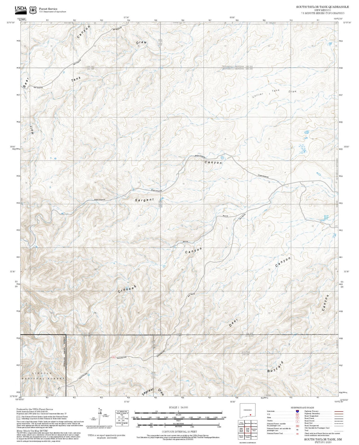 2025 Forest Service Topo Map of South Taylor Tank New Mexico