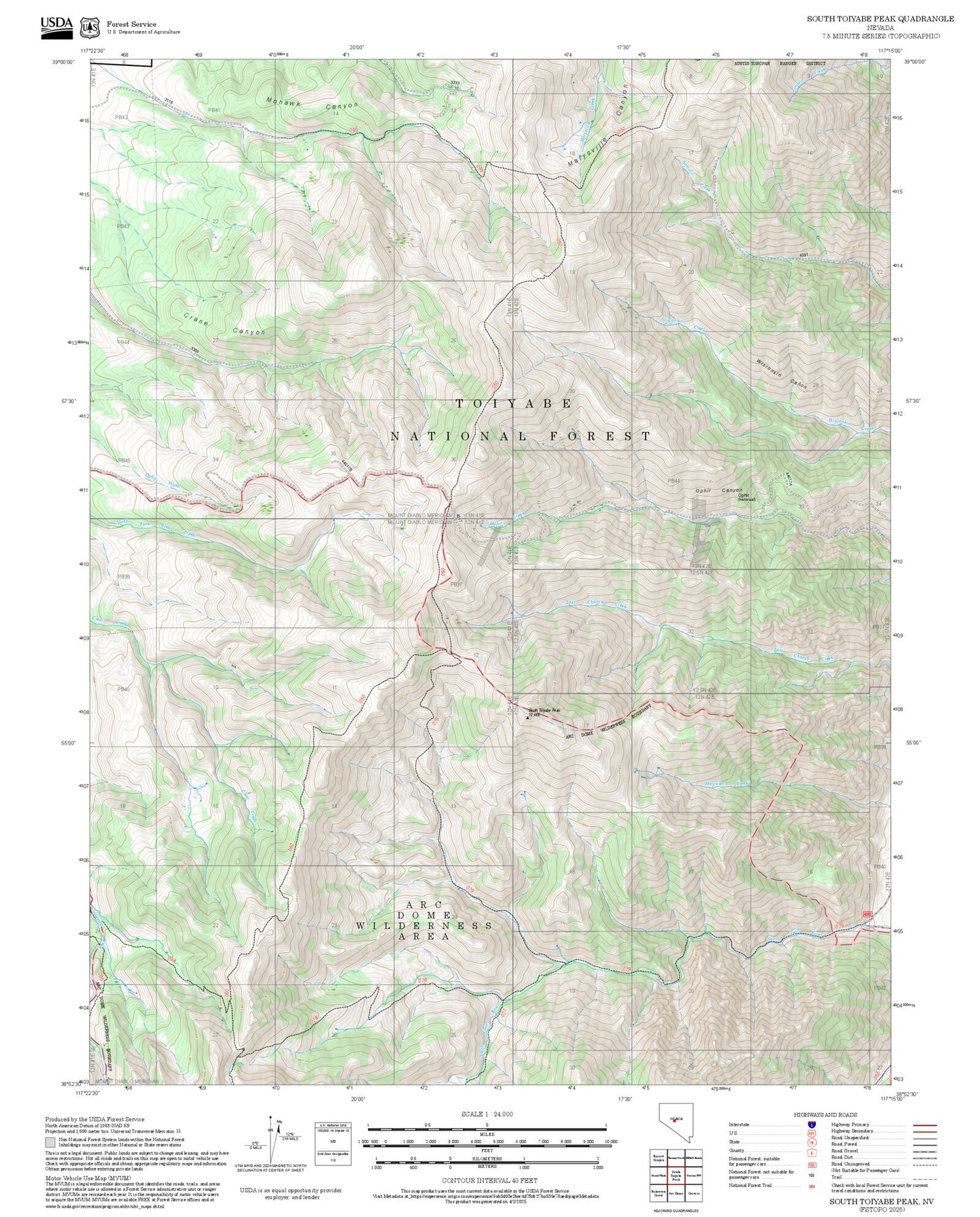 2025 Forest Service Topo Map of South Toiyabe Peak Nevada