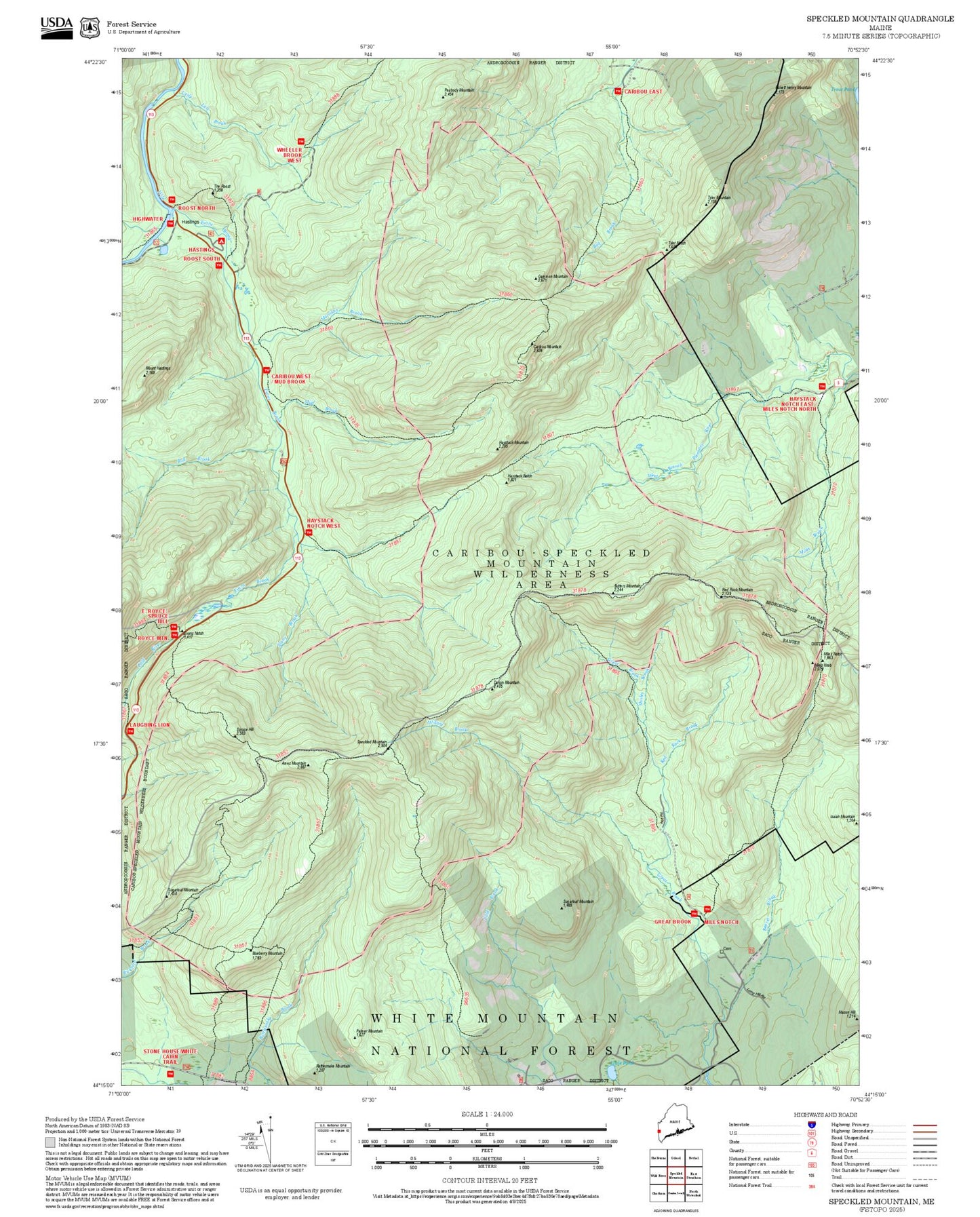 2025 Forest Service Topo Map of Speckled Mountain Maine