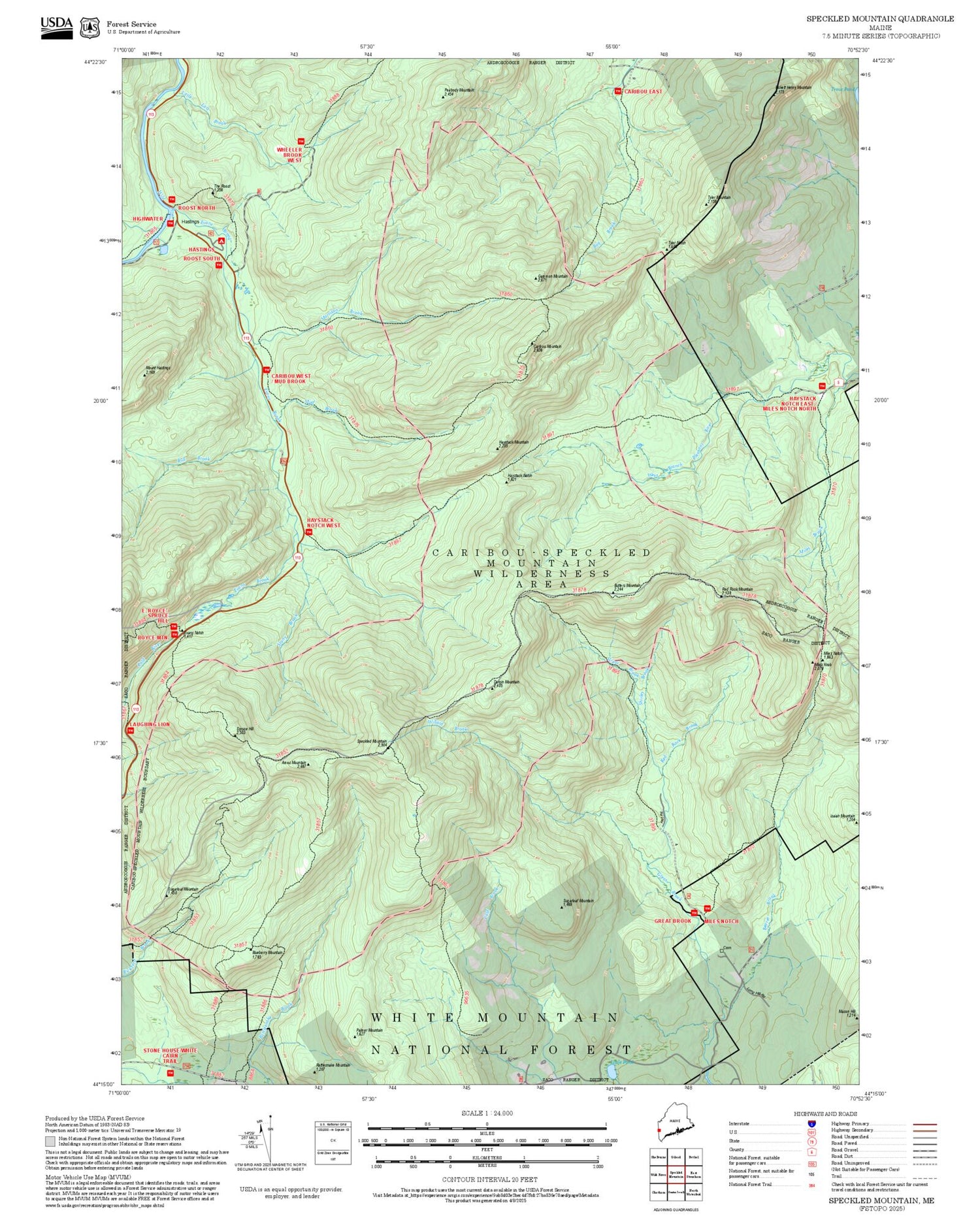 2025 Forest Service Topo Map of Speckled Mountain Maine
