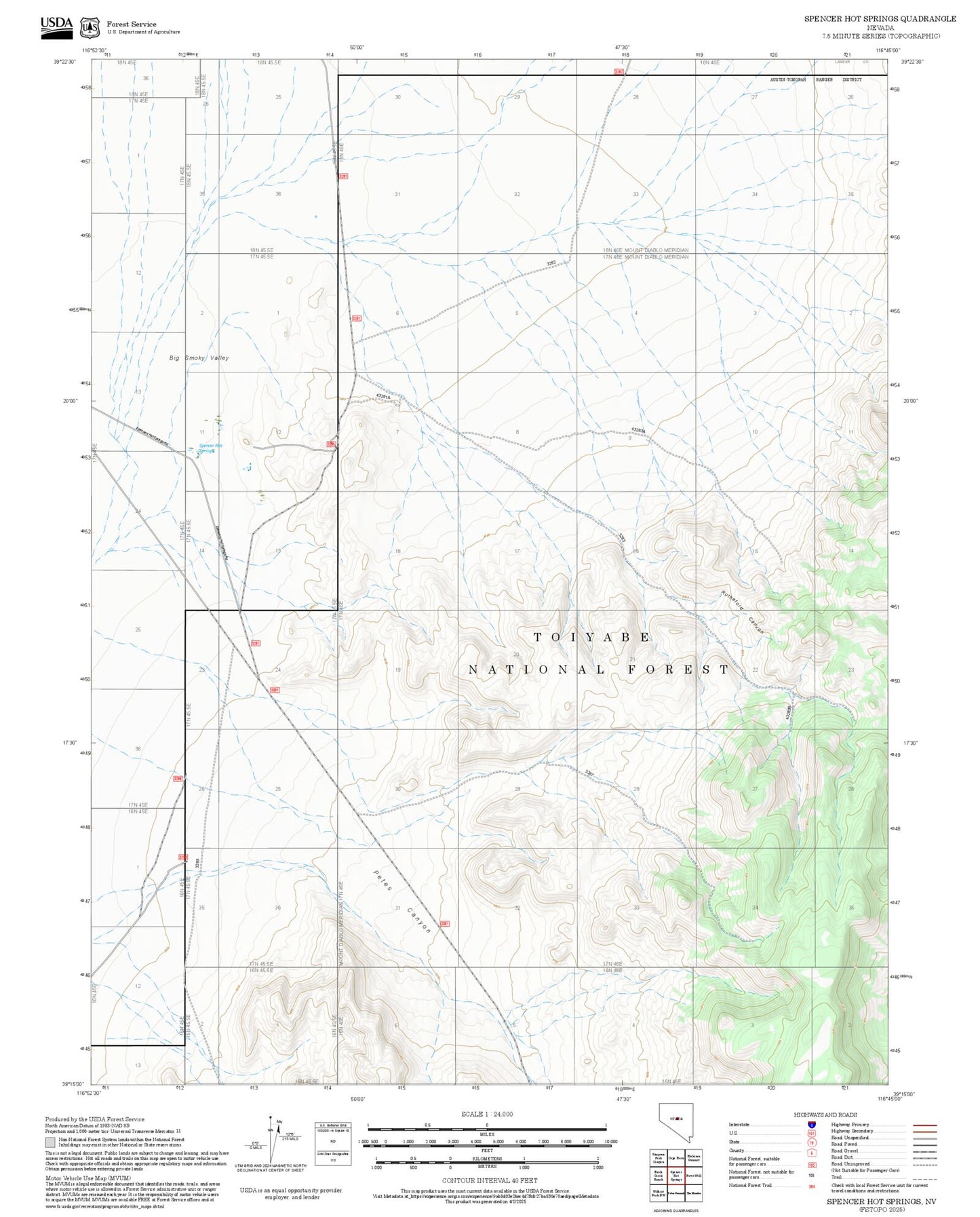 2025 Forest Service Topo Map of Spencer Hot Springs Nevada