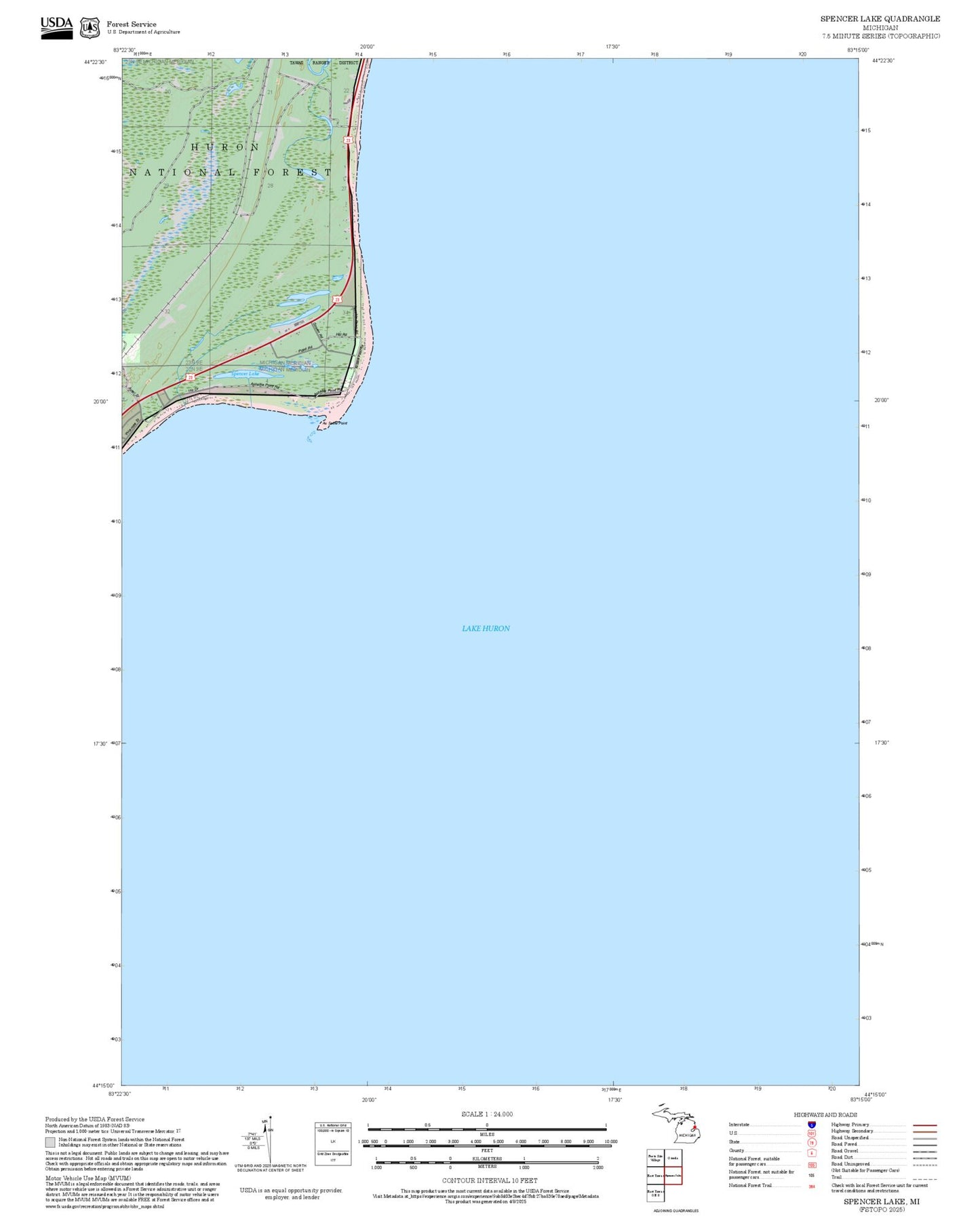 2025 Forest Service Topo Map of Spencer Lake Michigan