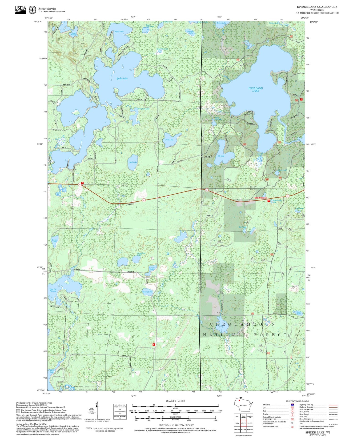 2025 Forest Service Topo Map of Spider Lake Wisconsin