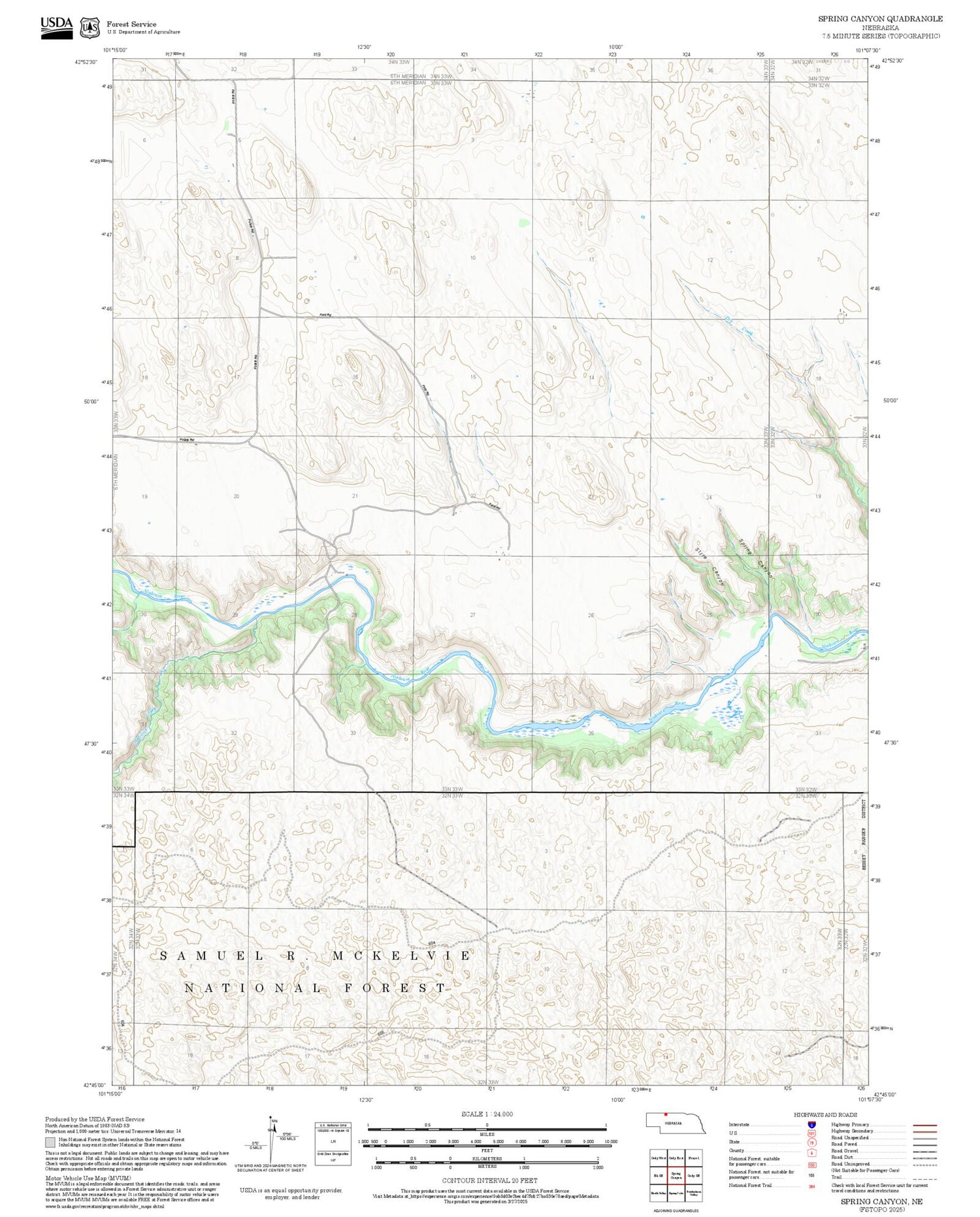 2025 Forest Service Topo Map of Spring Canyon Nebraska