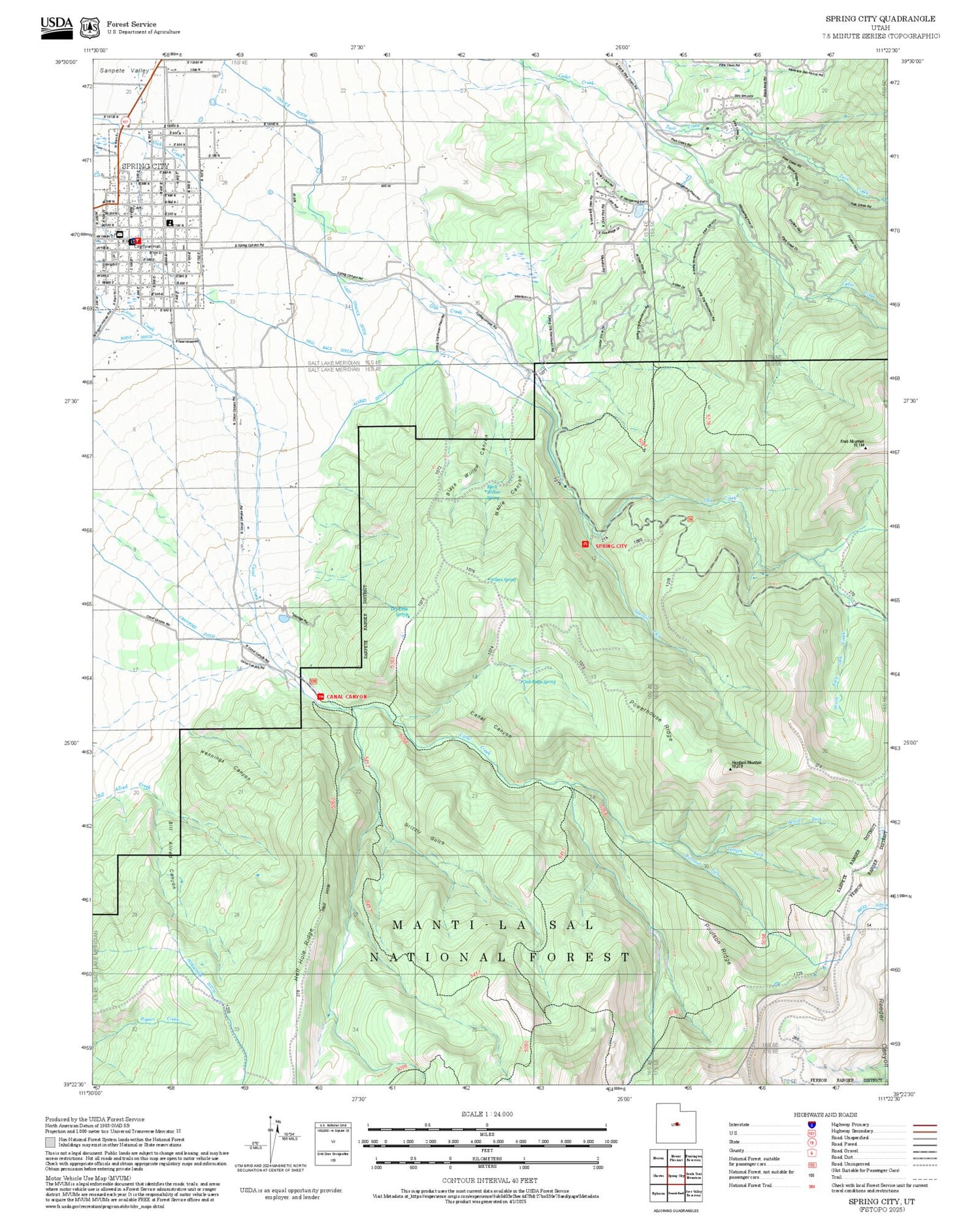 2025 Forest Service Topo Map of Spring City Utah