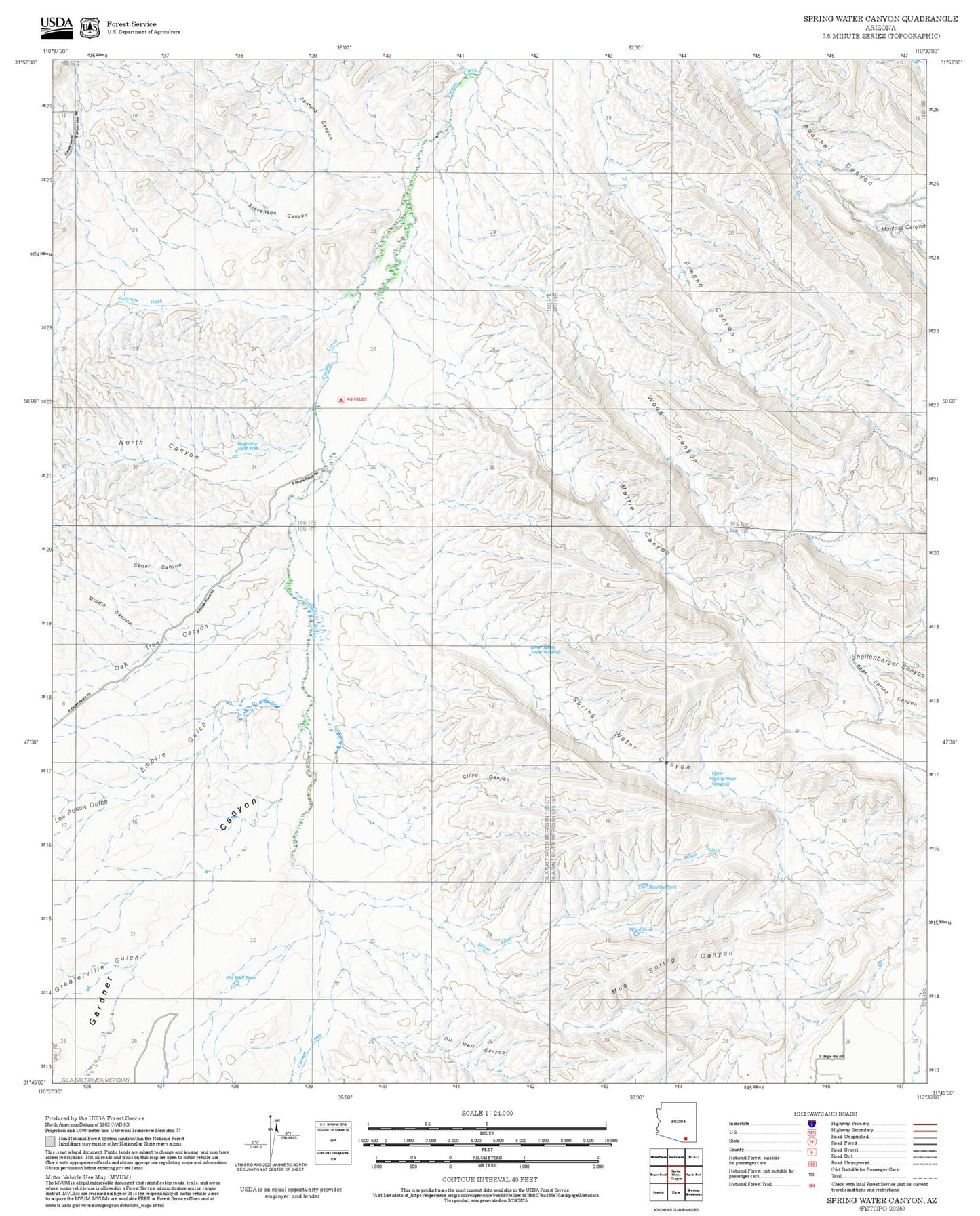 2025 Forest Service Topo Map of Spring Water Canyon Arizona