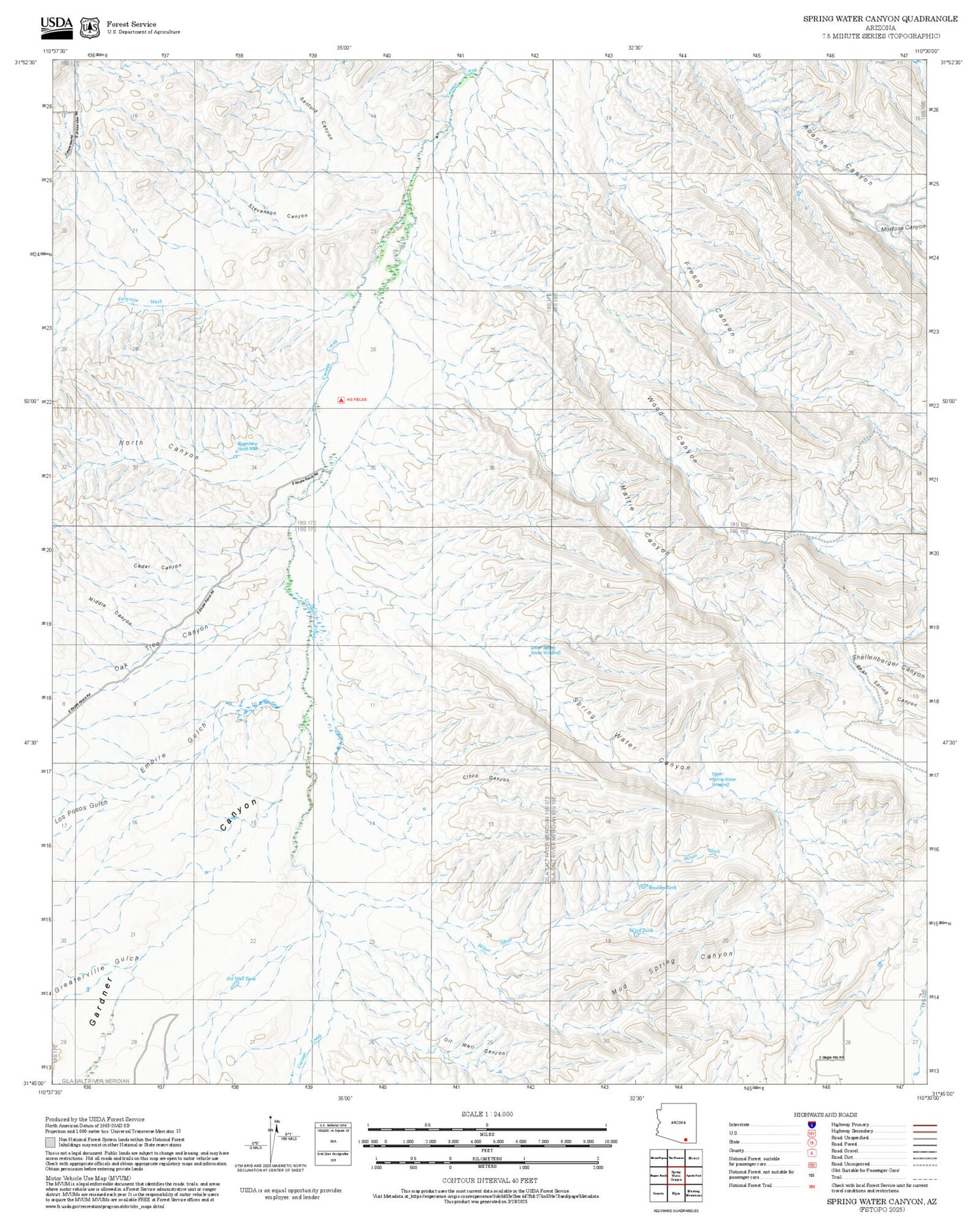 2025 Forest Service Topo Map of Spring Water Canyon Arizona