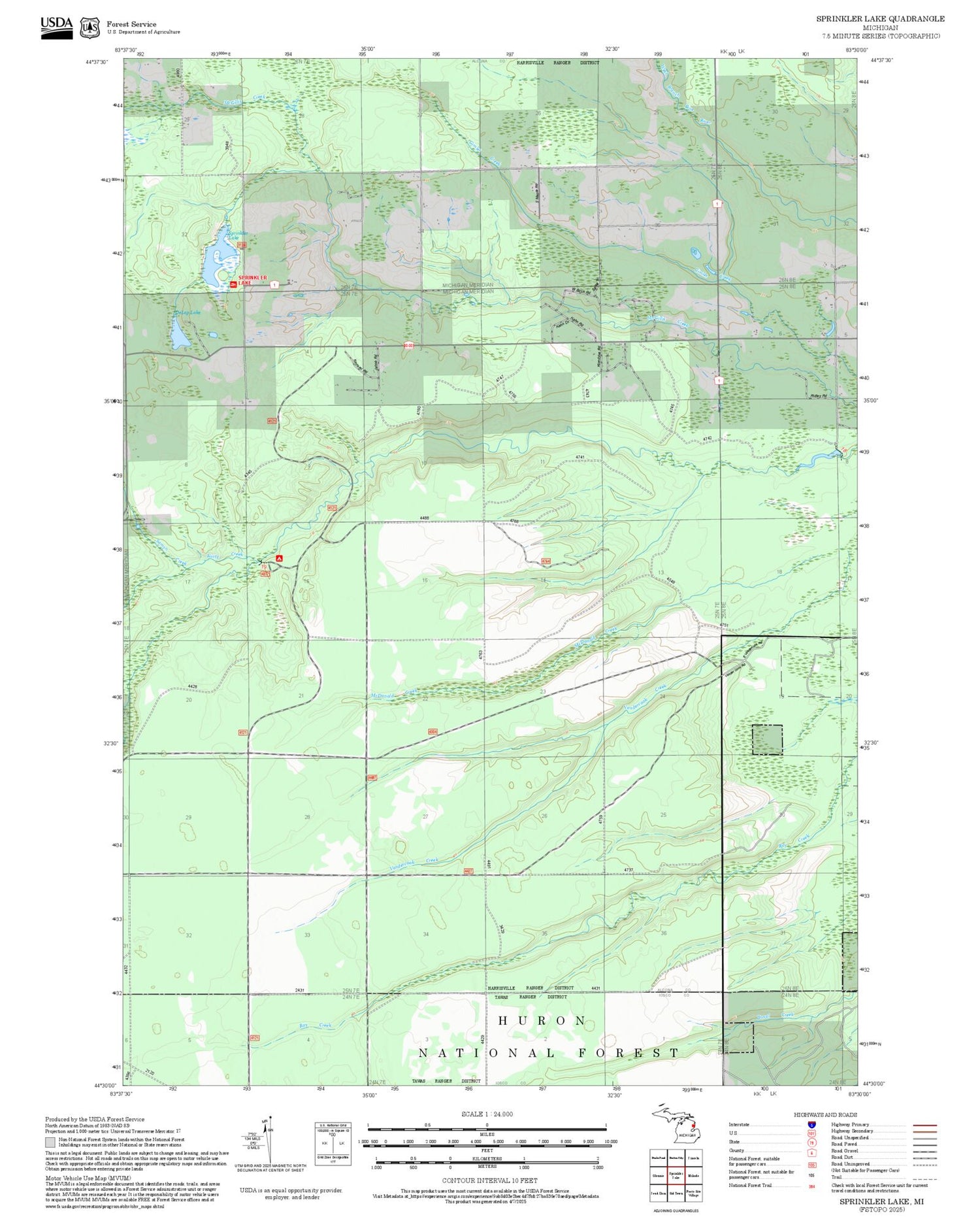 2025 Forest Service Topo Map of Sprinkler Lake Michigan