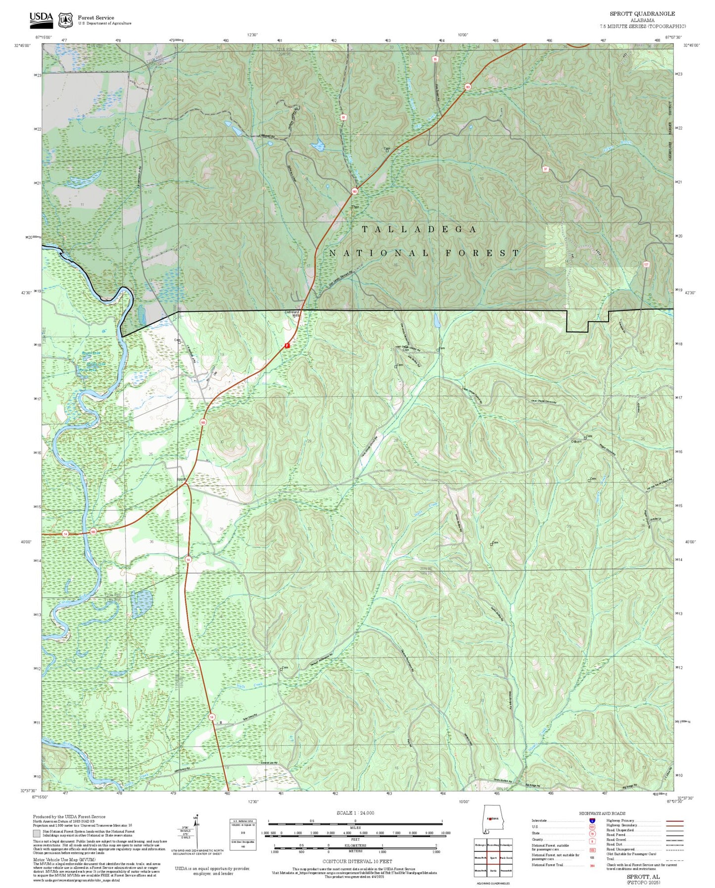 2025 Forest Service Topo Map of Sprott Alabama