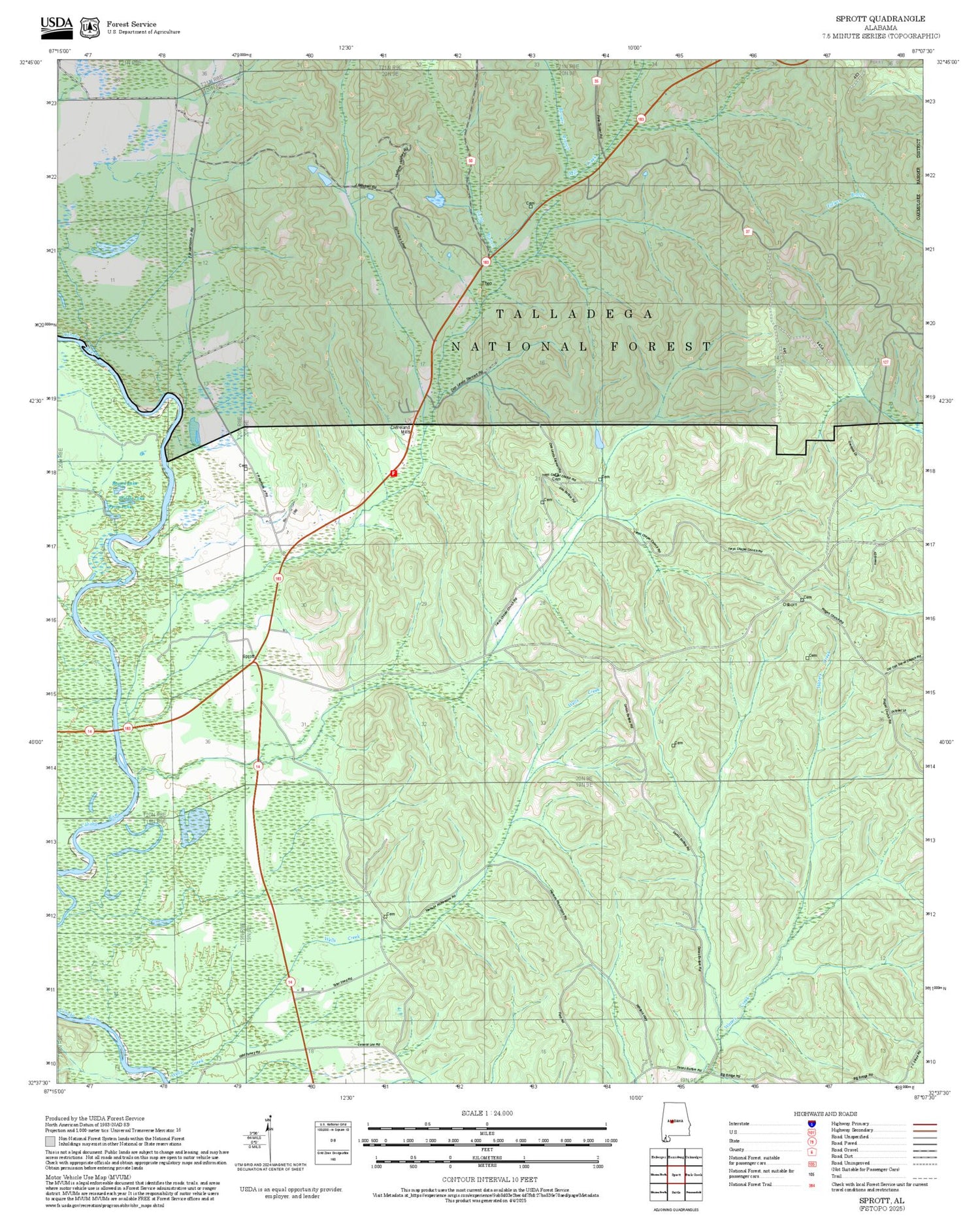 2025 Forest Service Topo Map of Sprott Alabama