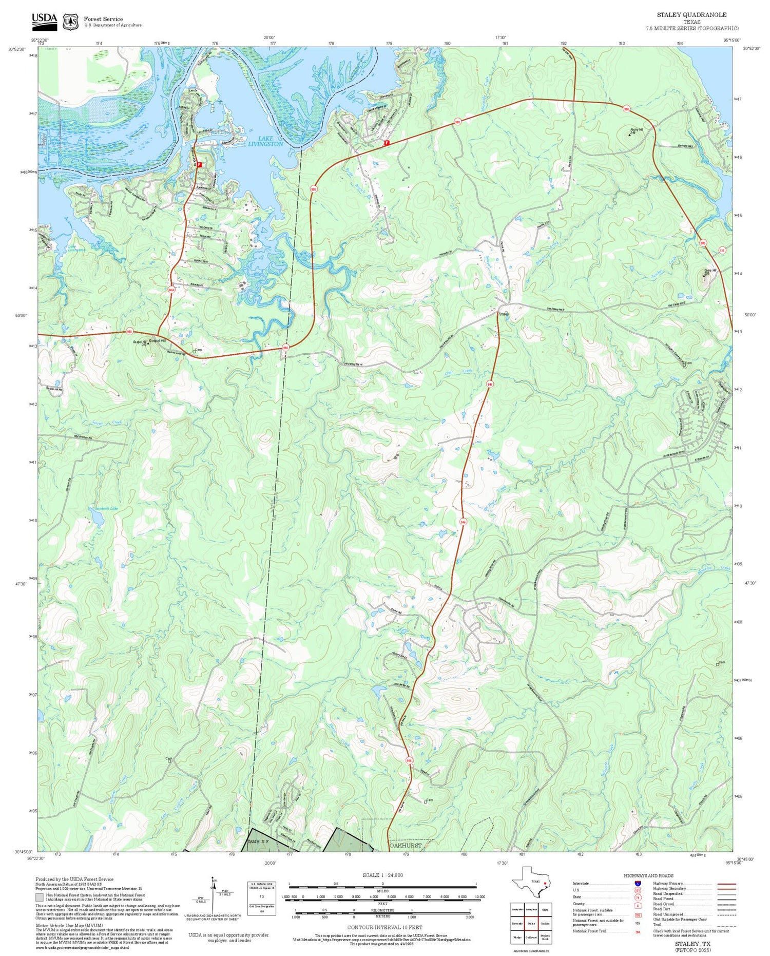 2025 Forest Service Topo Map of Staley Texas