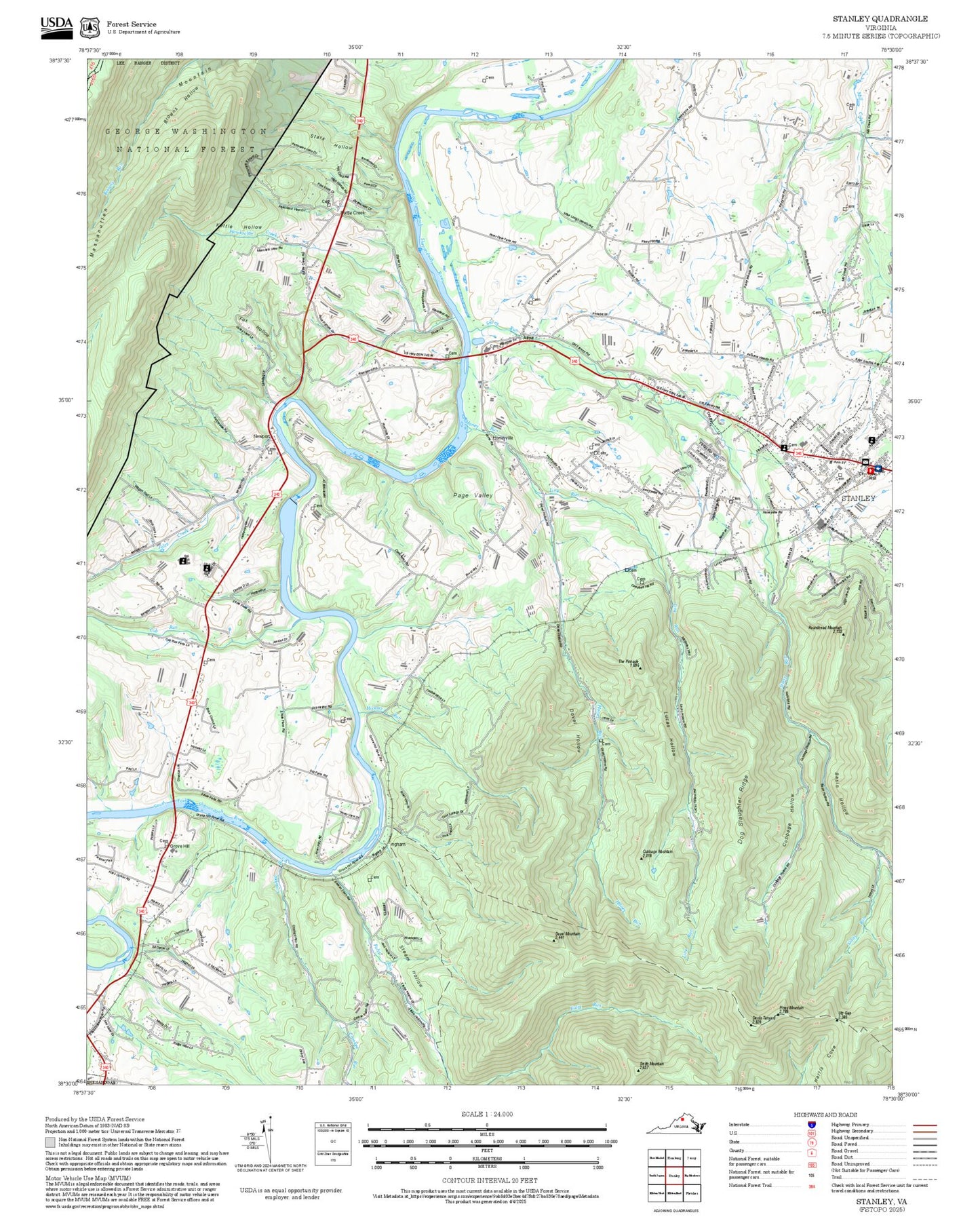 2025 Forest Service Topo Map of Stanley Virginia